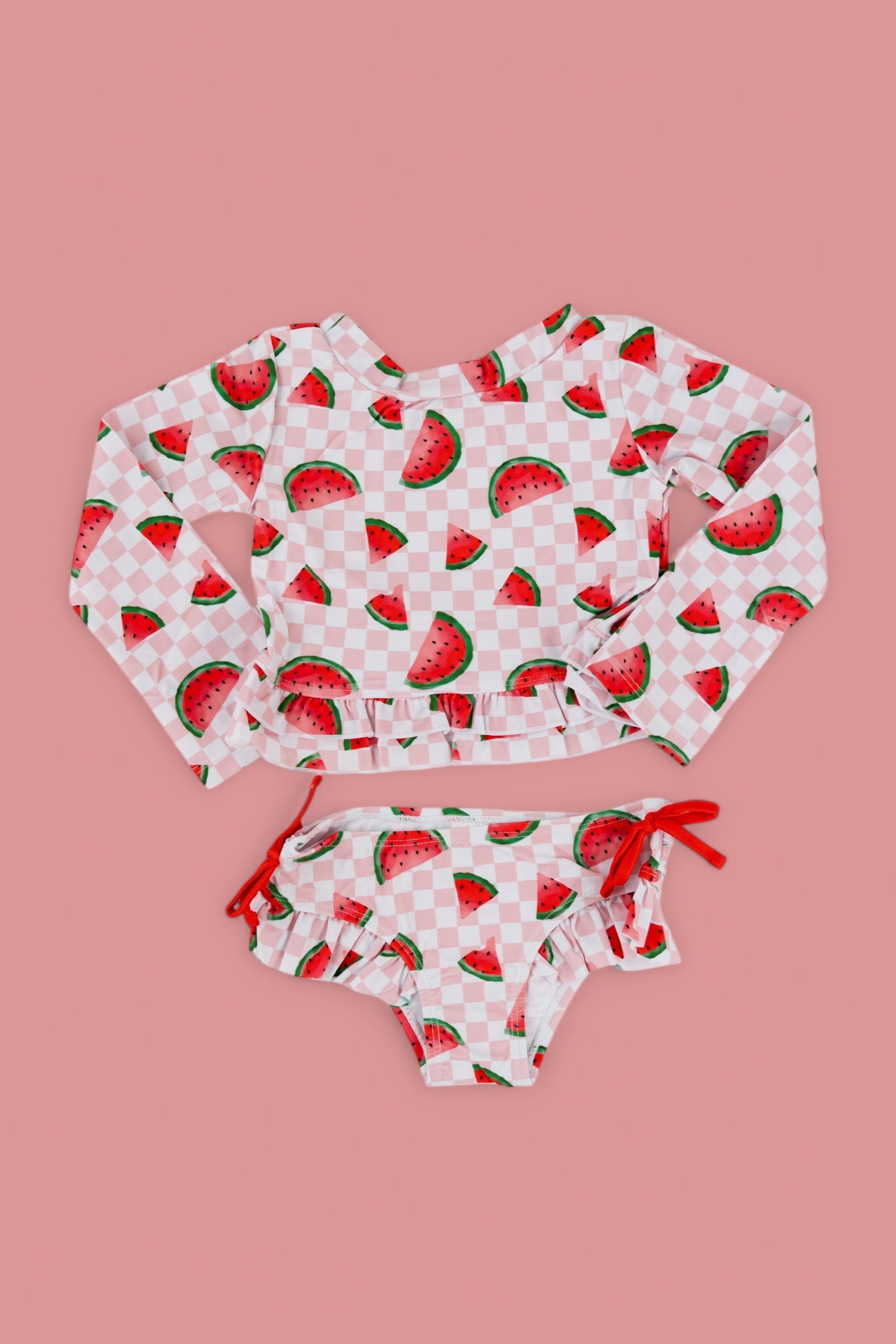 ONE IN A MELON DREAM TWO PIECE RASH GUARD RUFFLE SWIM SUIT