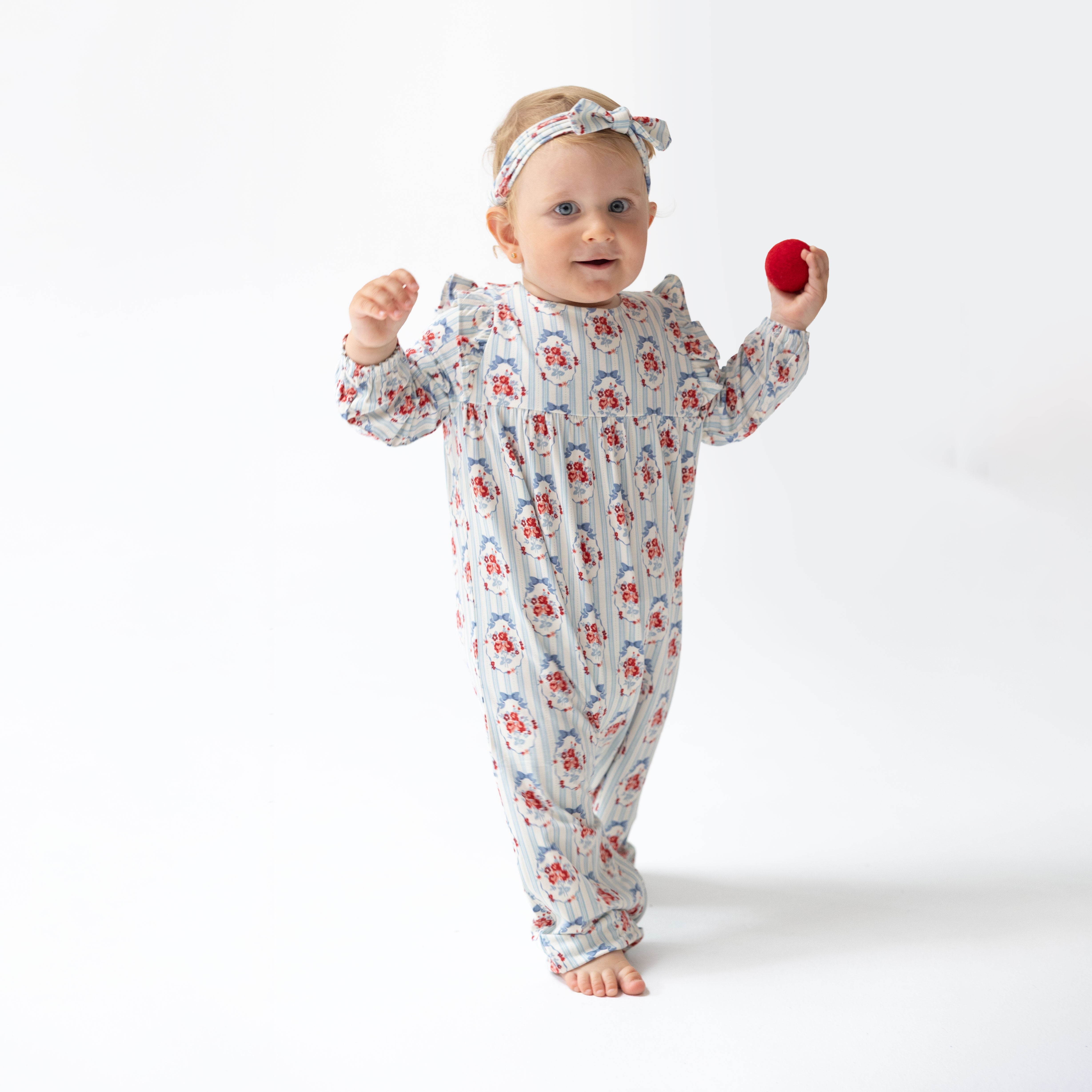 Beverly Cameo Stripe - Ruffle Sleeve Snap Romper