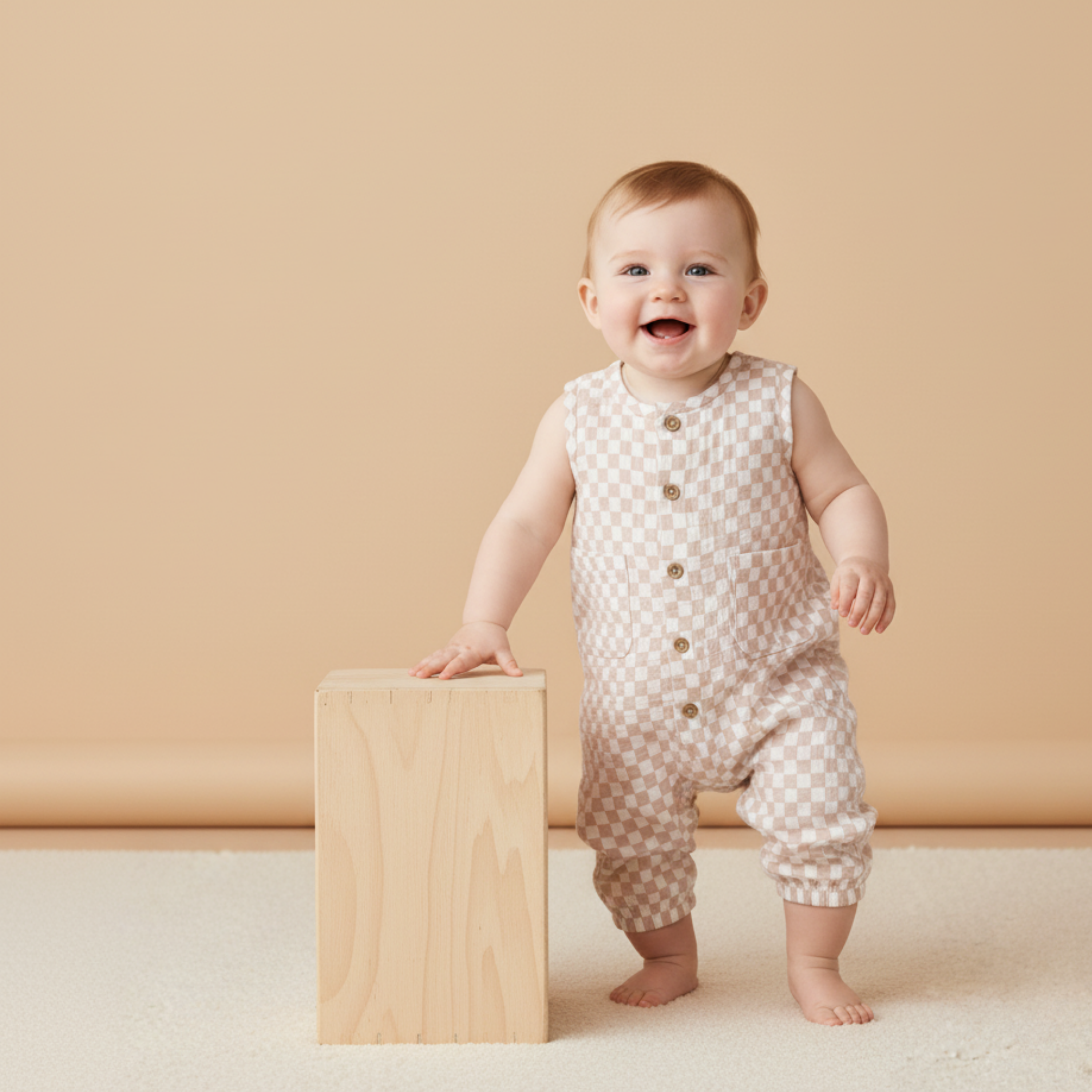 Organic Buttoned Jumpsuit - Brick Checks