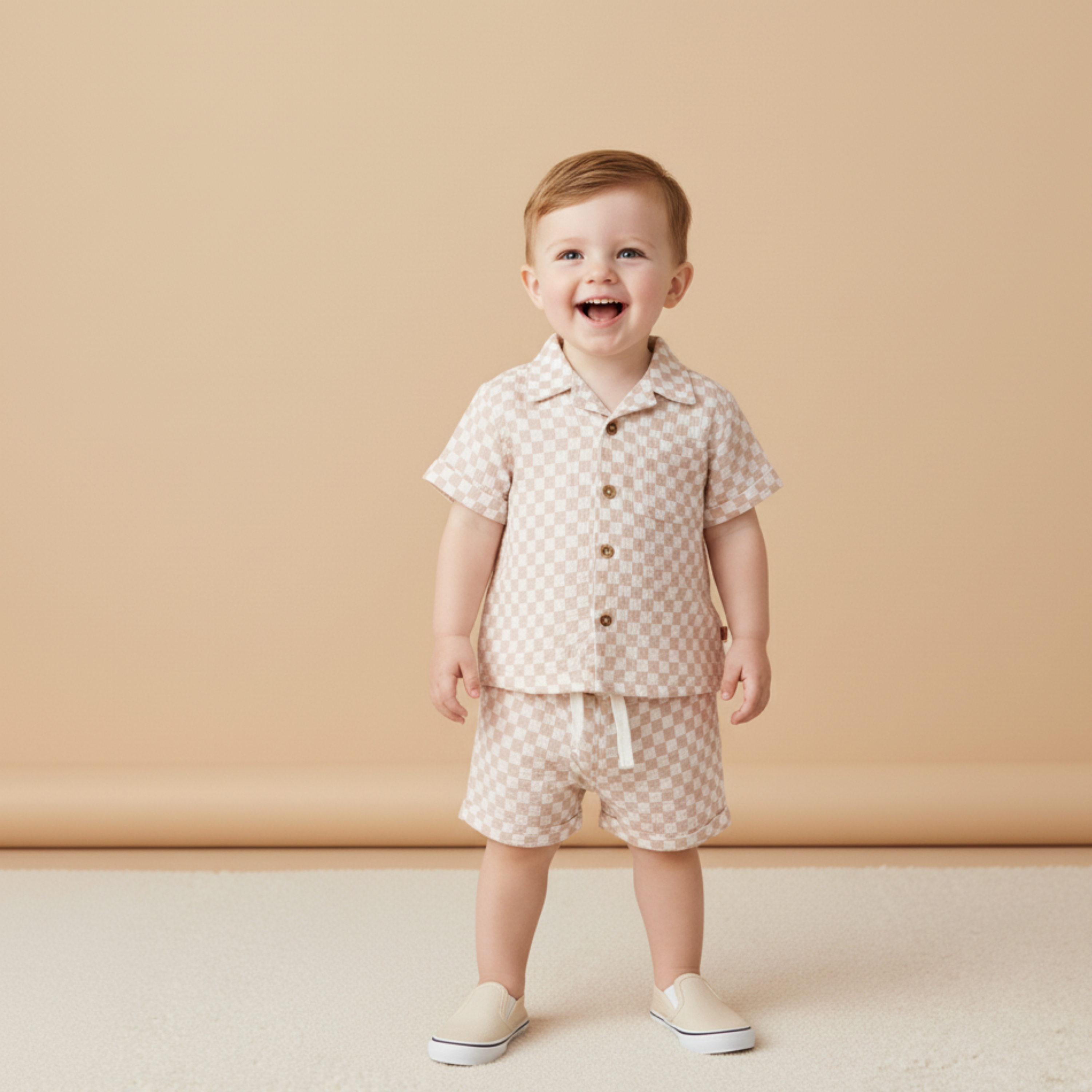 Organic Shirt & Shorts Set - Brick Checks