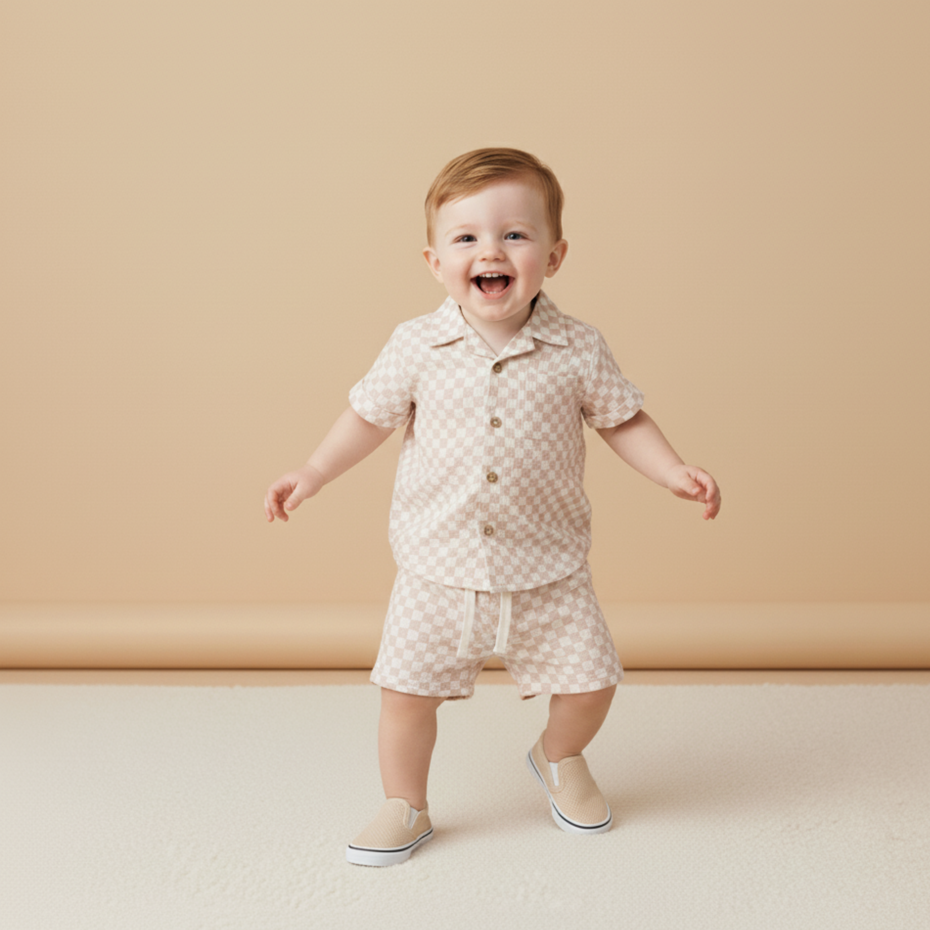 Organic Shirt & Shorts Set - Brick Checks