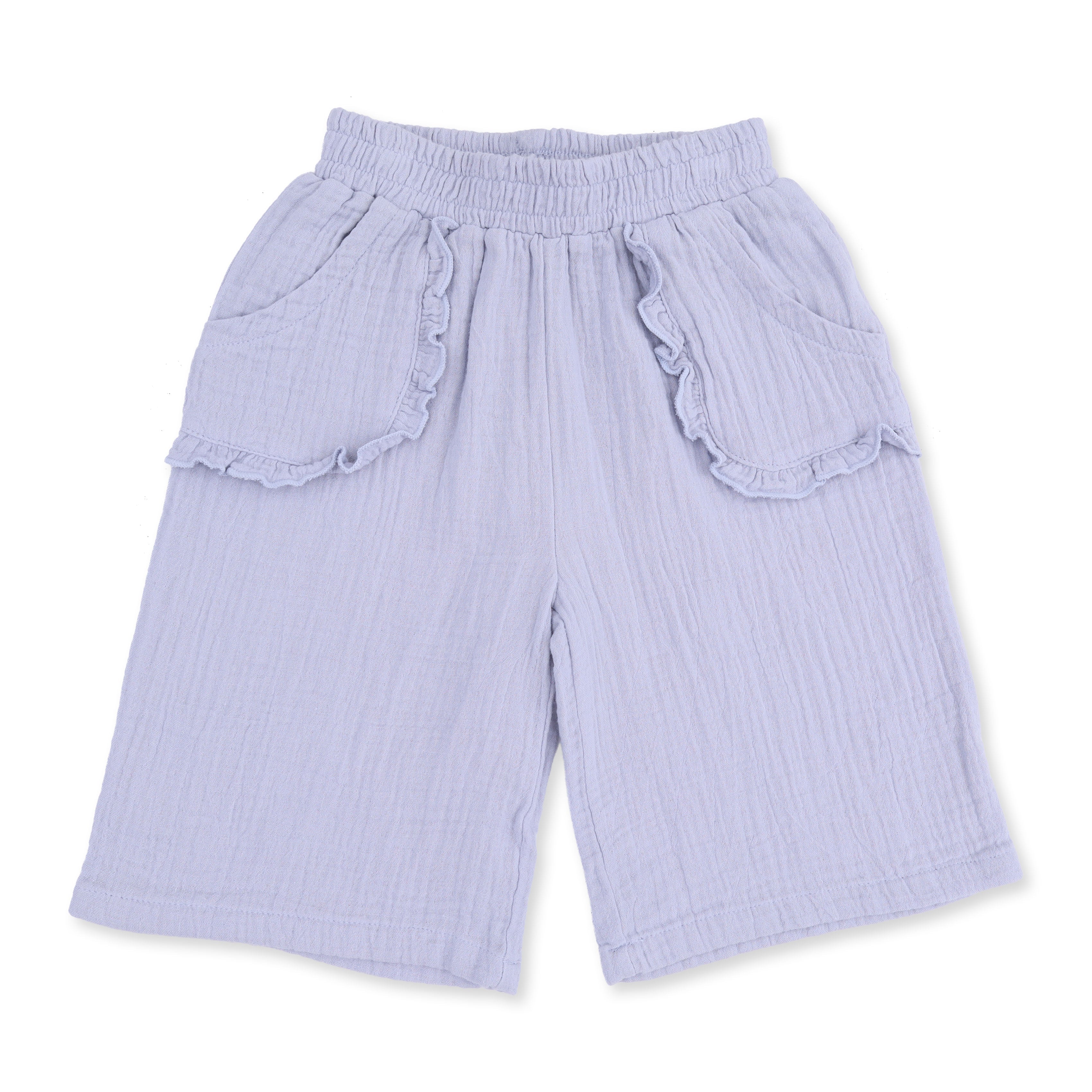 Western Plaid - Solid Muslin Zen Blue - Wide Leg Pant with Ruffle Pocket