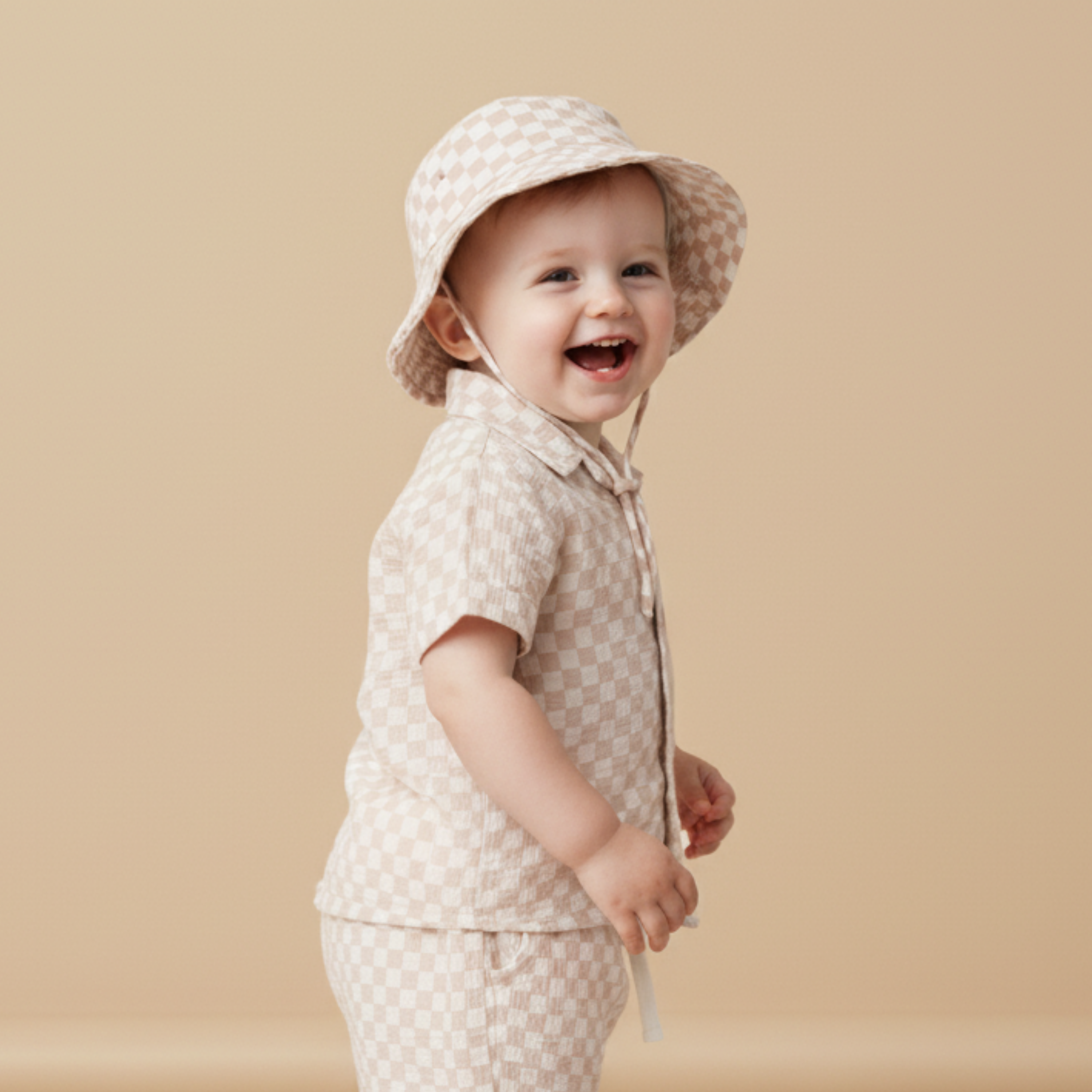 Organic Bucket Sun Hat - Brick Checks
