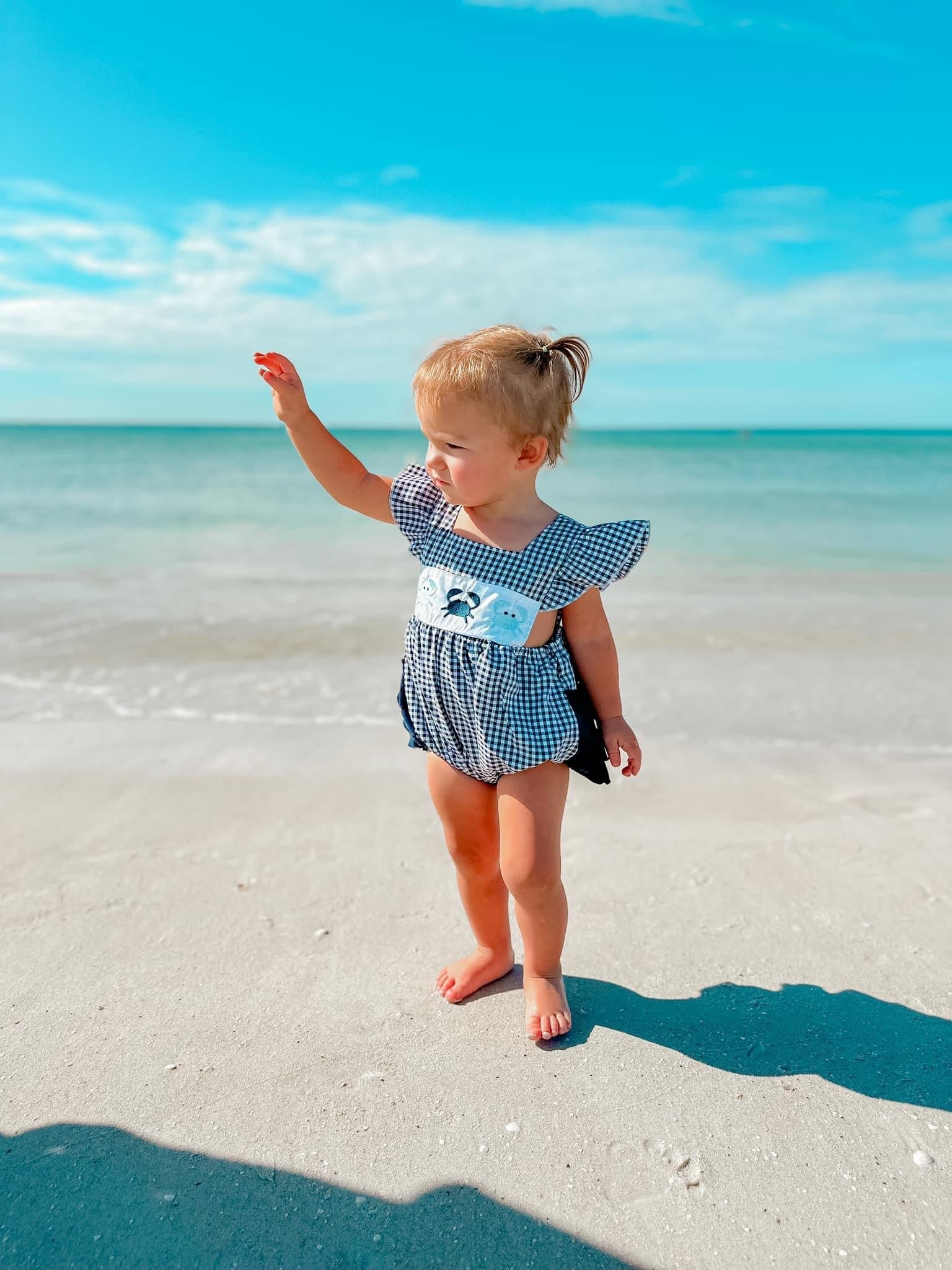 Blue crab beach embroidered romper