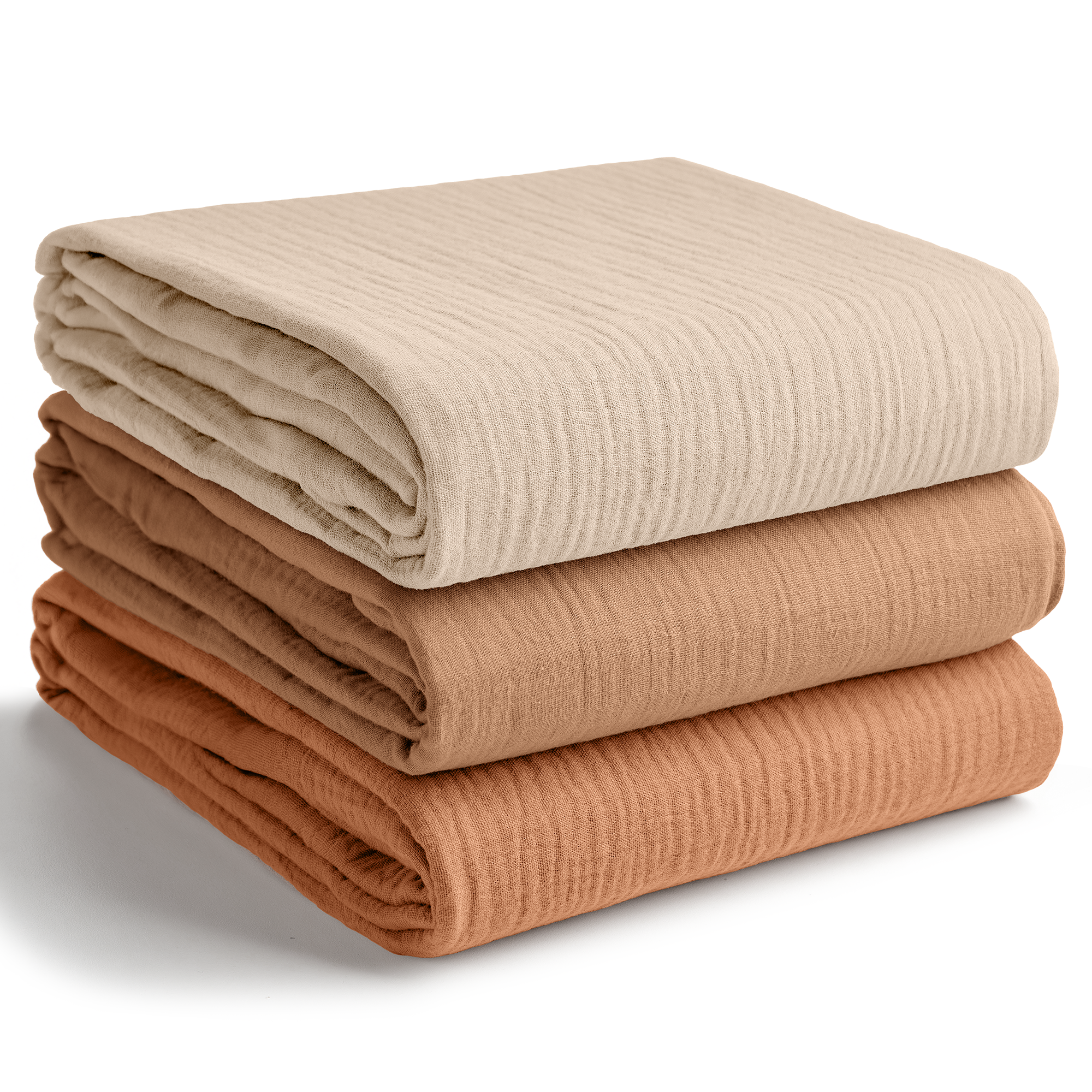 Muslin Swaddle Blankets, 42” x 42” (Sand, Cedar, Caramel,  Pack of 3)