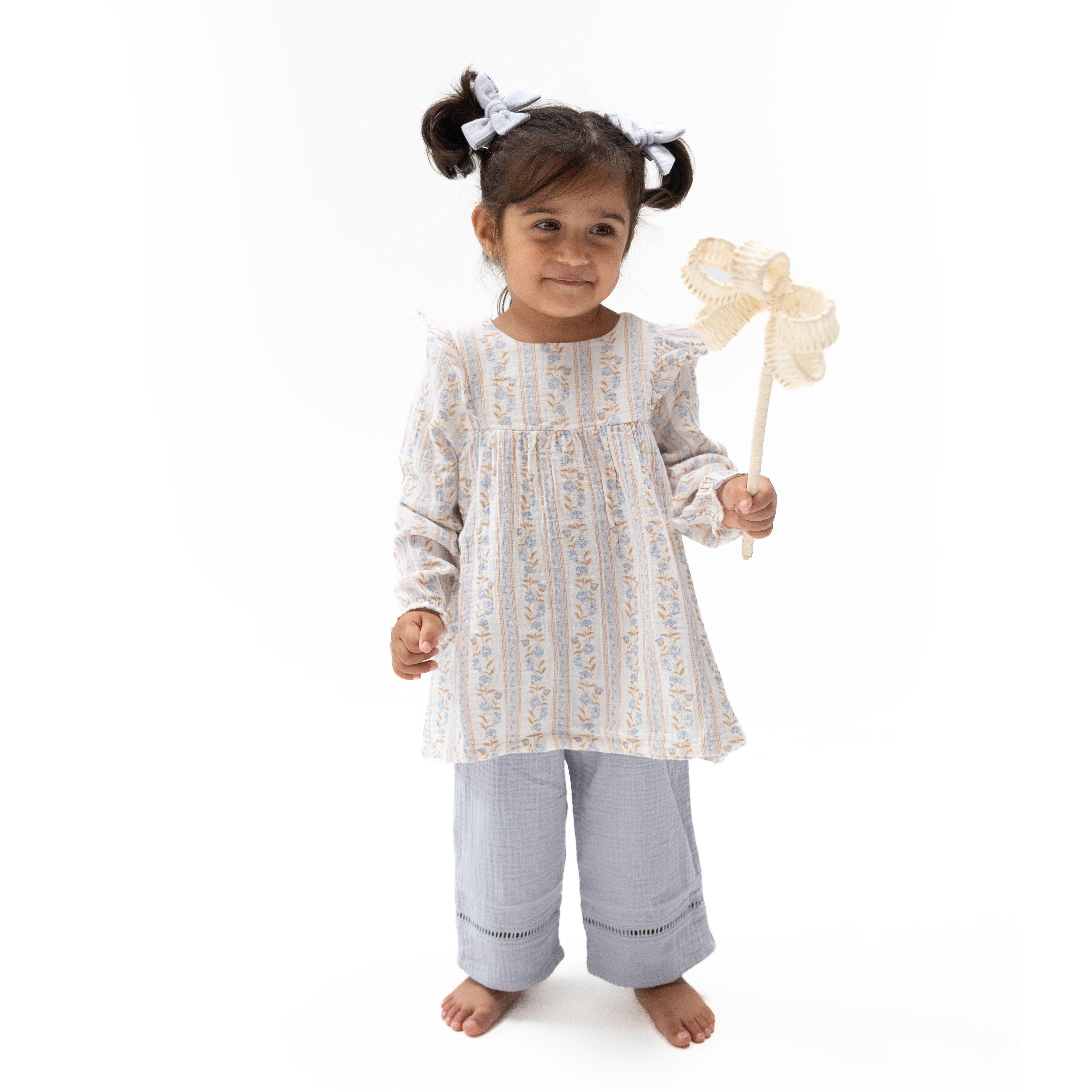 Catarina Floral - Long Sleeve Ruffle Tunic and Smocked Waist Pant