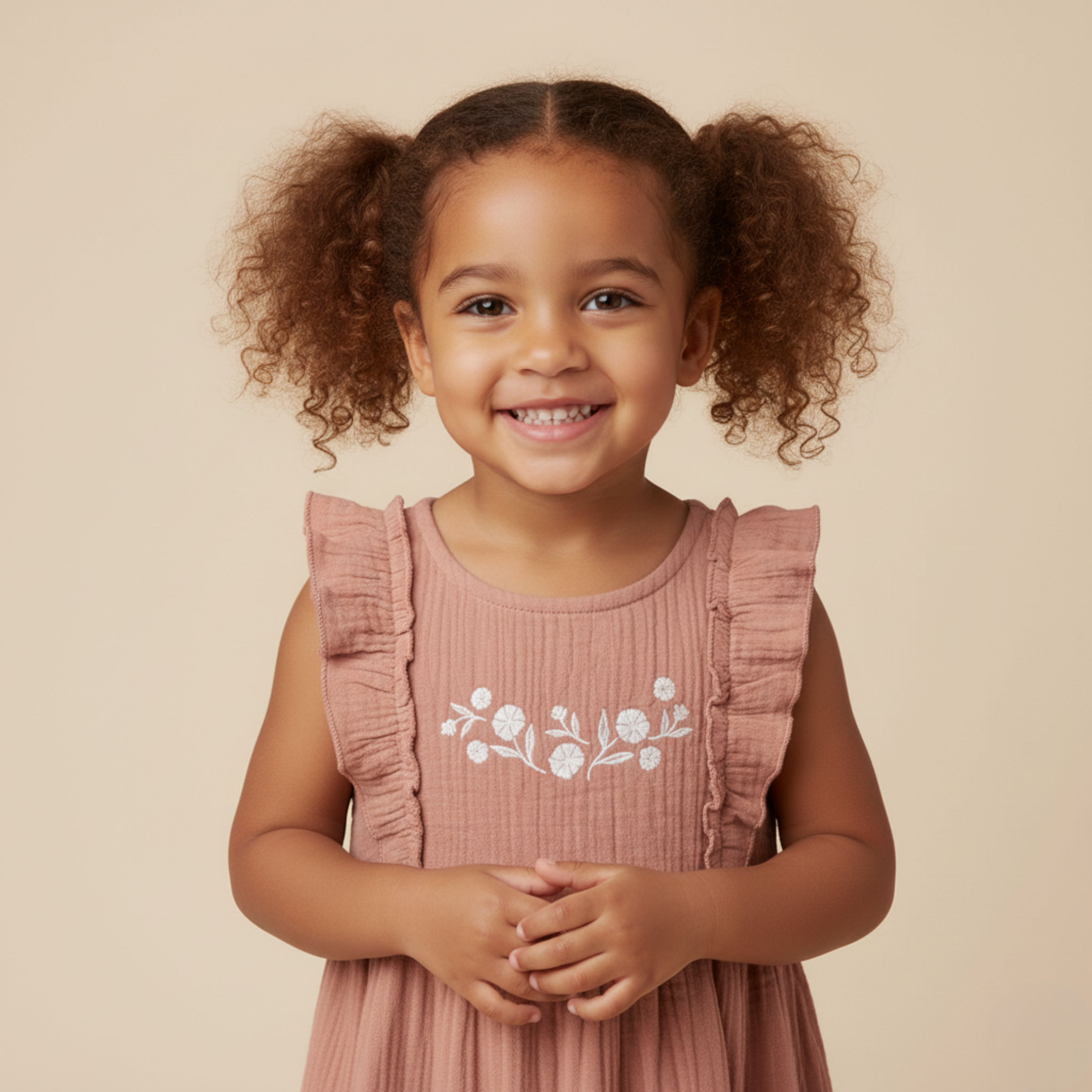 Organic Embroidered Tiered Dress - Clay