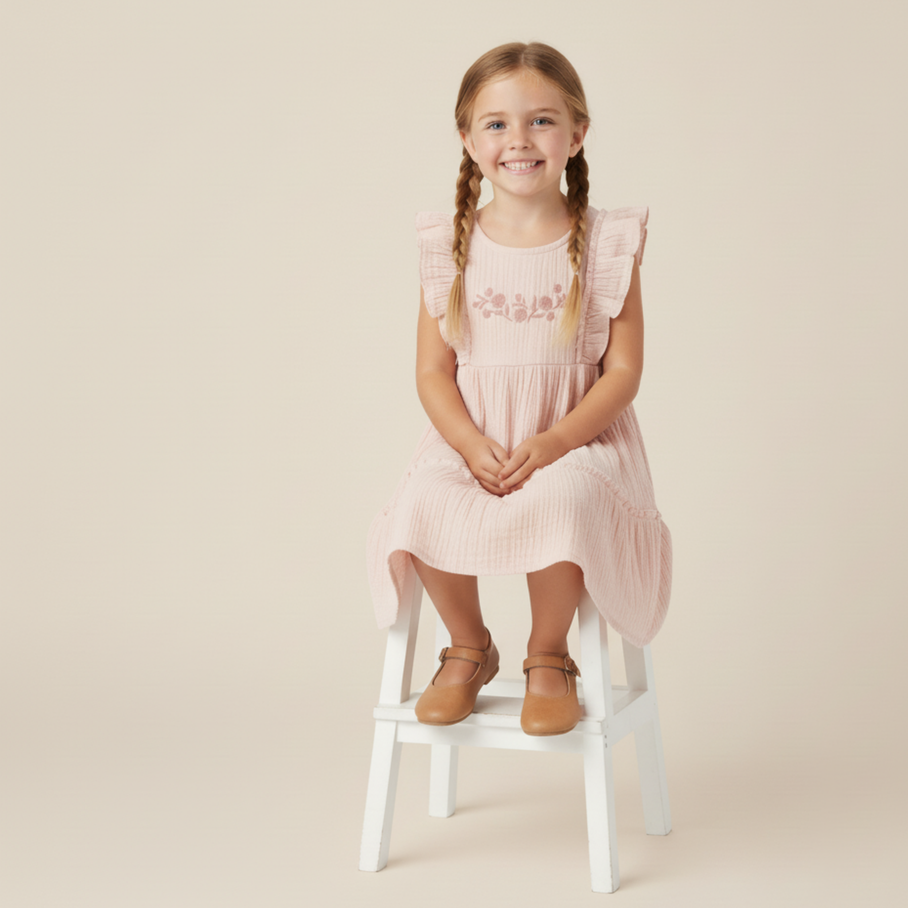 Organic Embroidered Tiered Dress - Blush