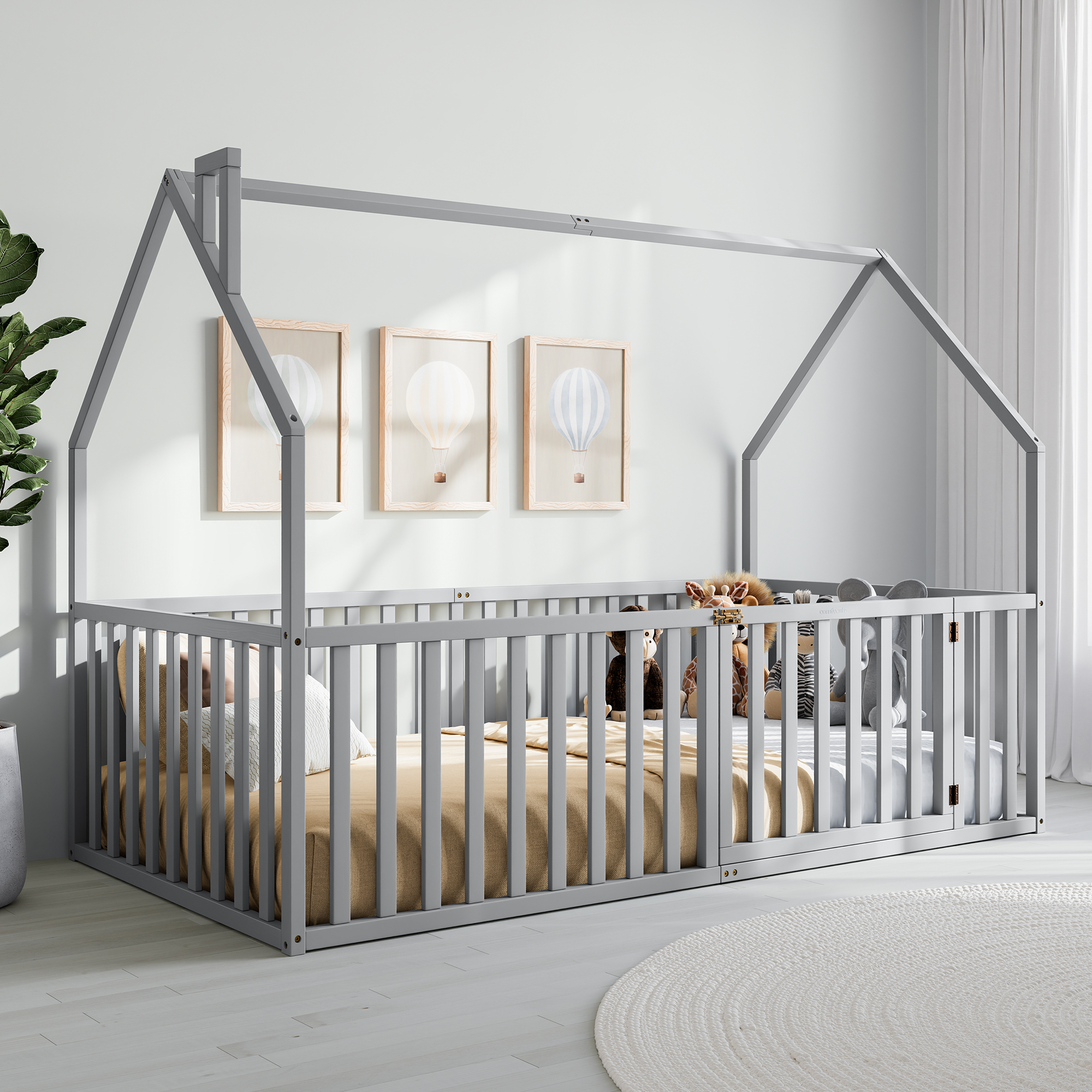 Kids House Gated Floor Bed Twin Size for Children Aged 5+,  Grey