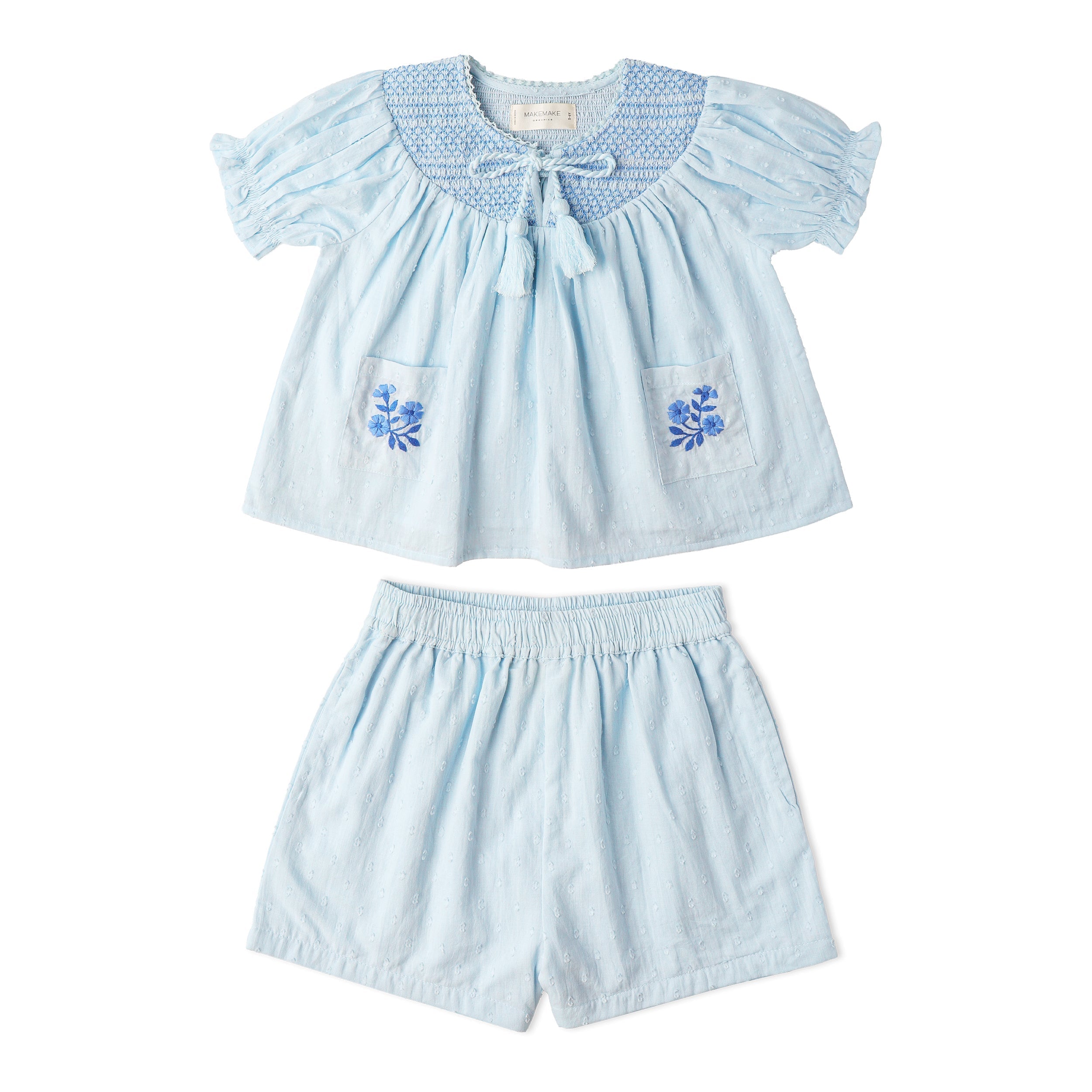 Organic Smocked Top & Shorts Set - Light Blue