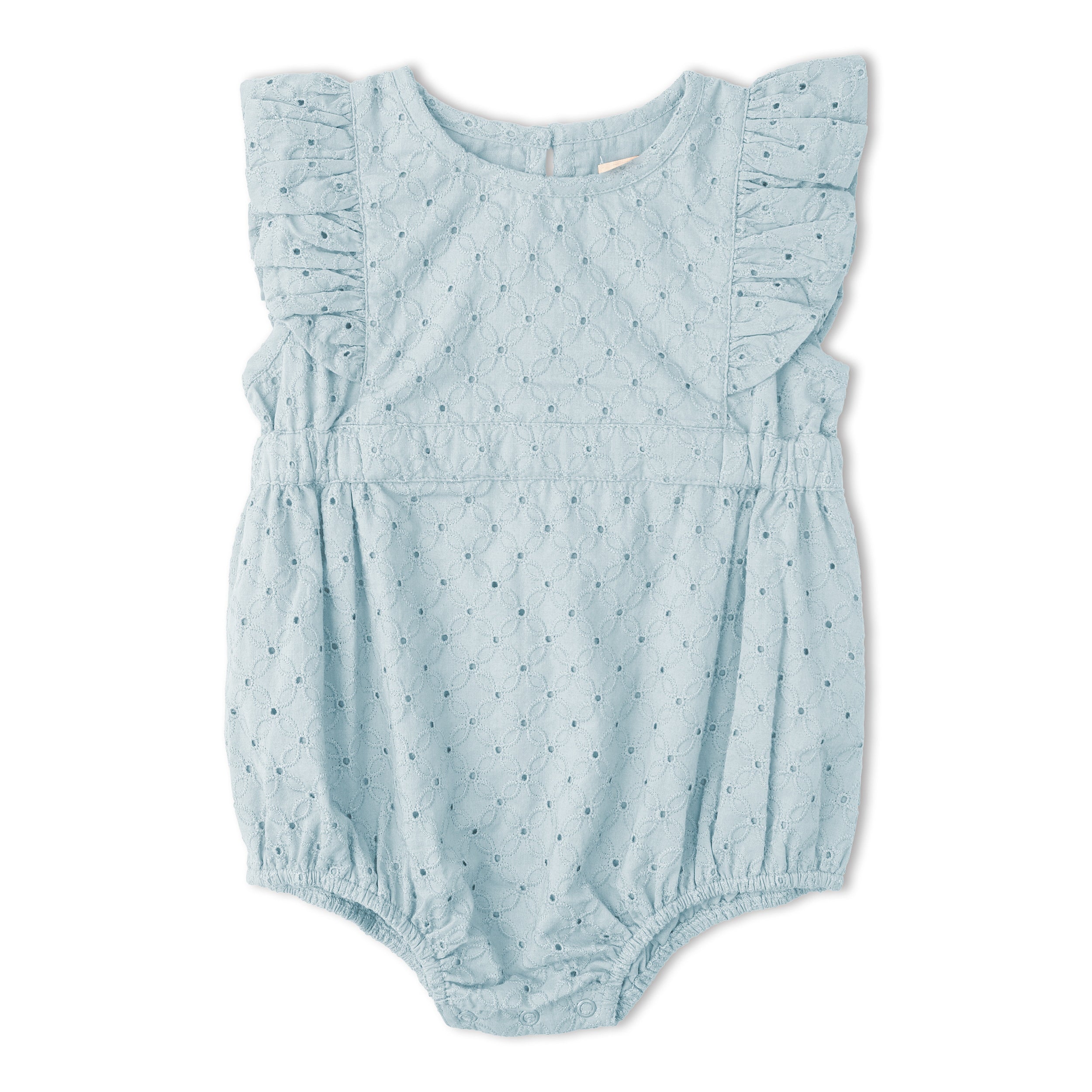 Organic Eyelet Flutter Romper - Light Blue Eyelet