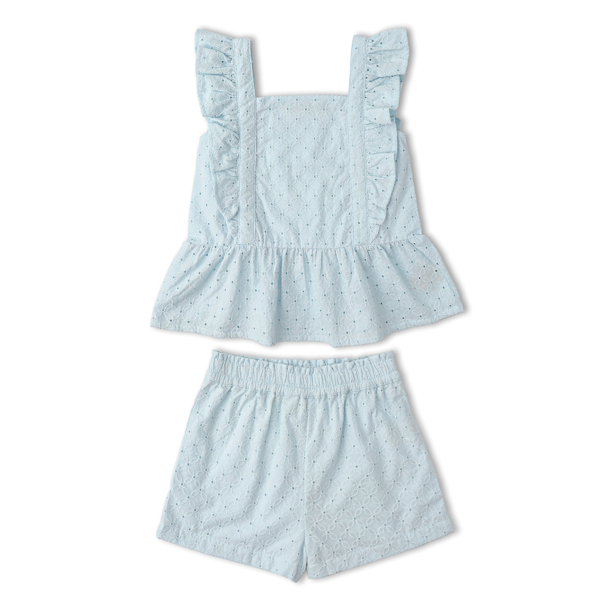 Organic Eyelet Flutter Top And Shorts Set - Light Blue Eyelet