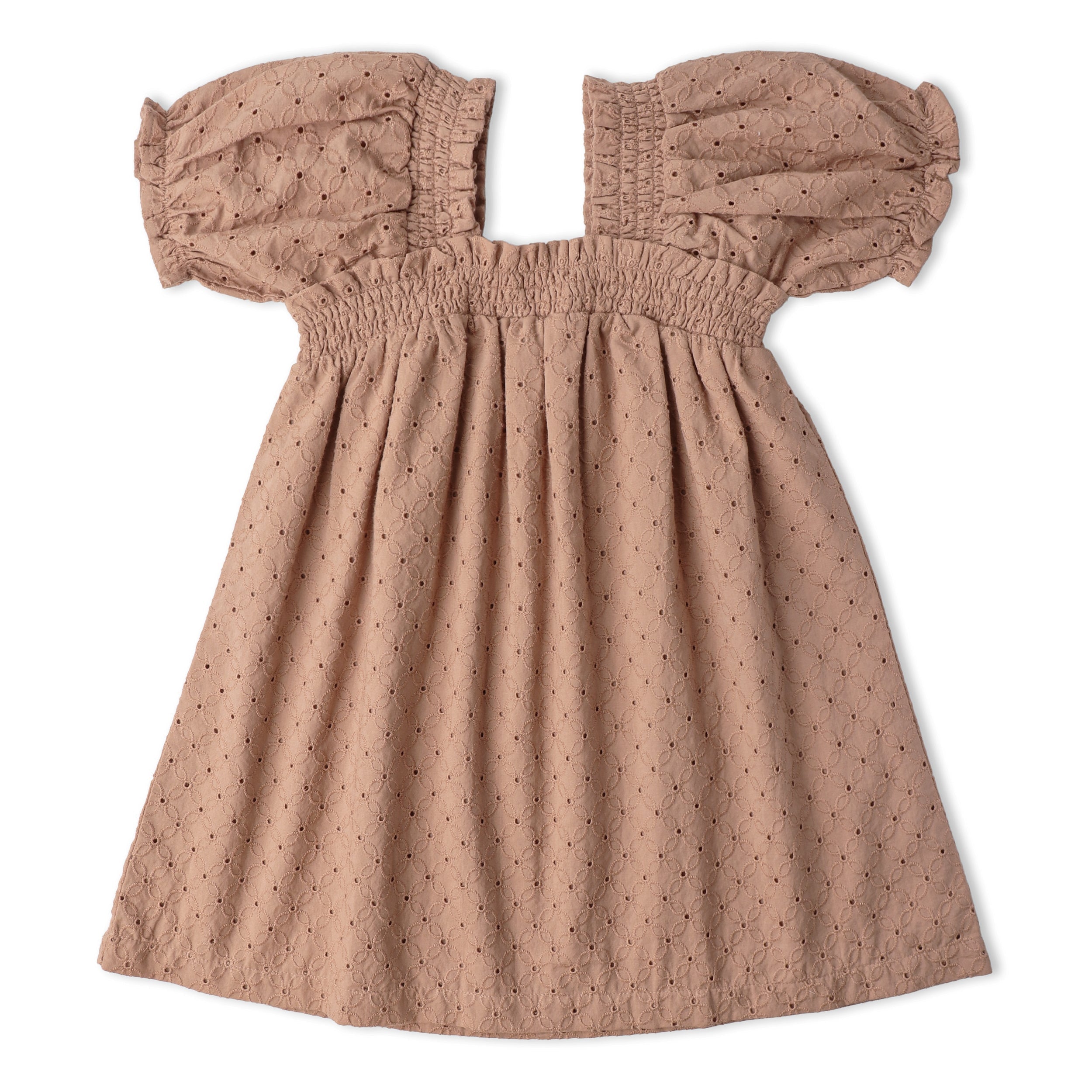 Organic Eyelet Bubble Sleeve Dress - Clay Eyelet