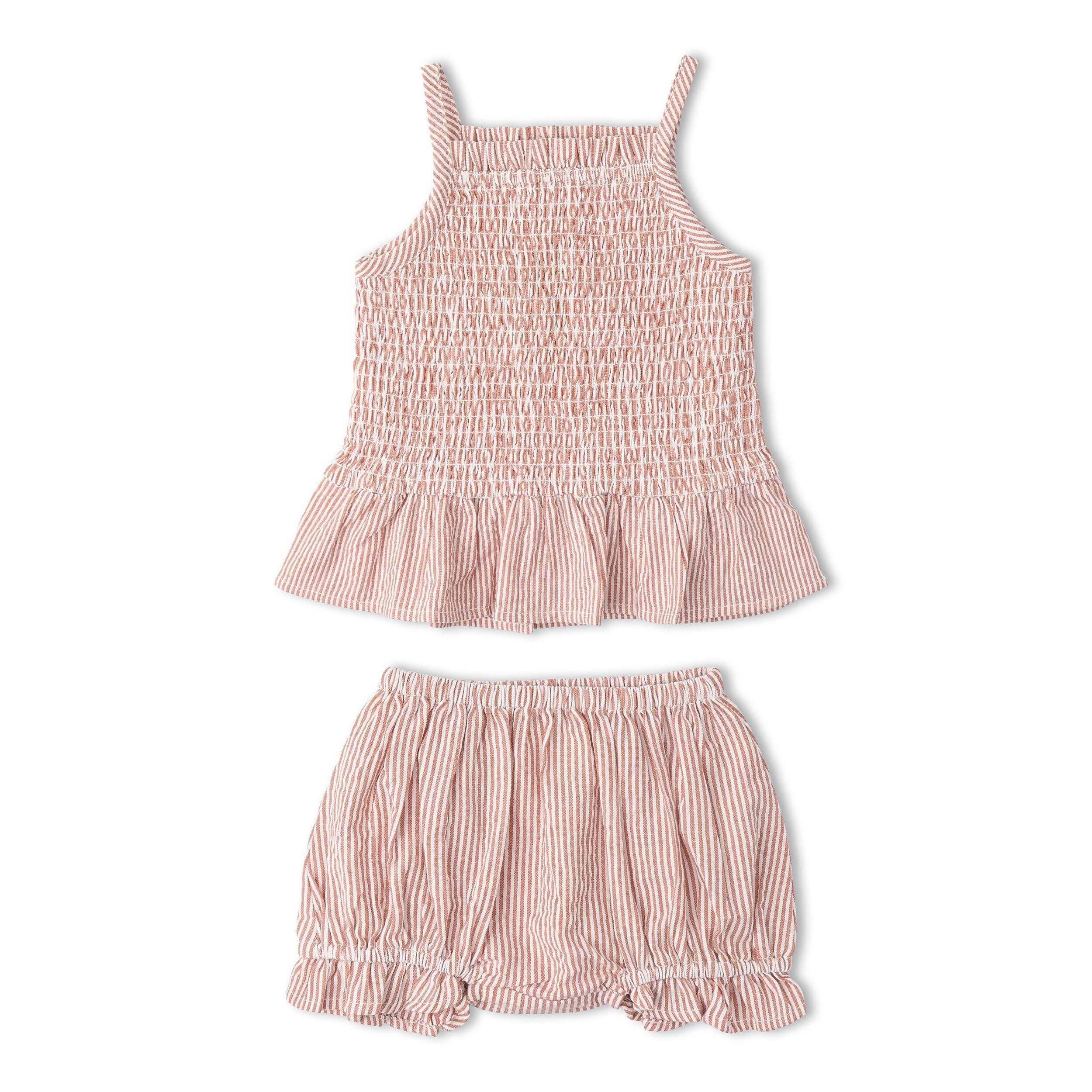 Organic Smocked Top And Bloomer Set - Coral Stripes