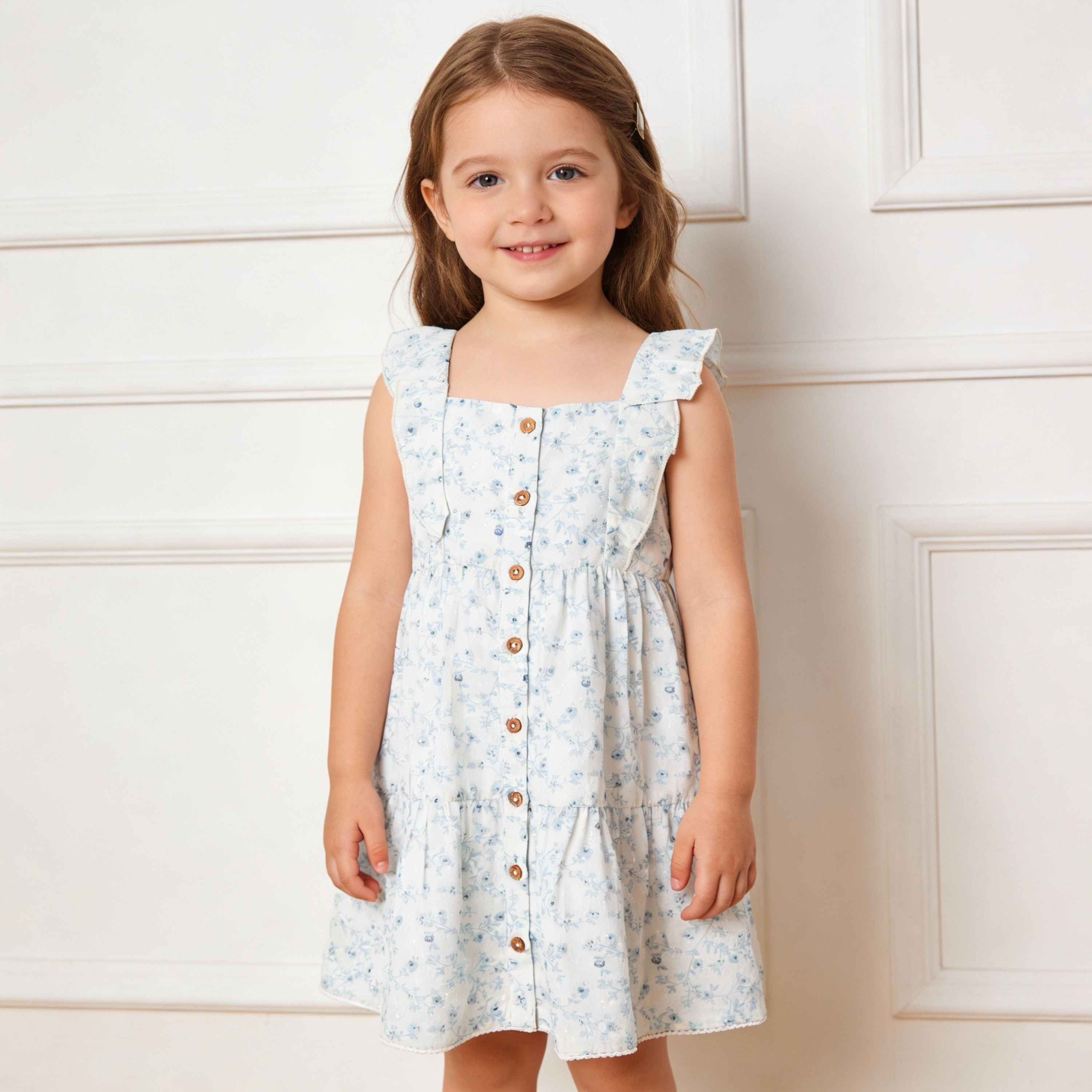 Organic Flutter Buttoned Tiered Dress - Ivy Floral