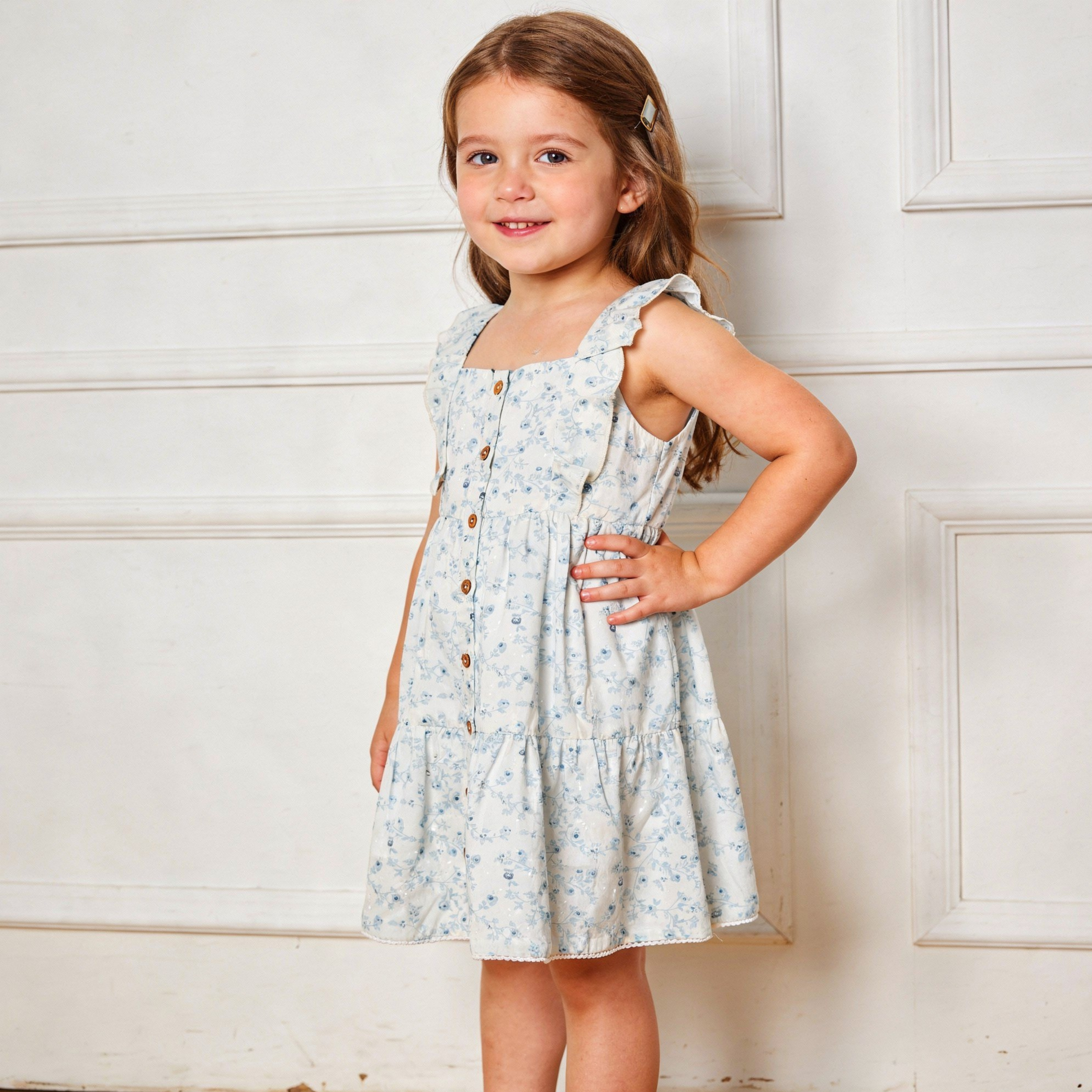 Organic Flutter Buttoned Tiered Dress - Ivy Floral