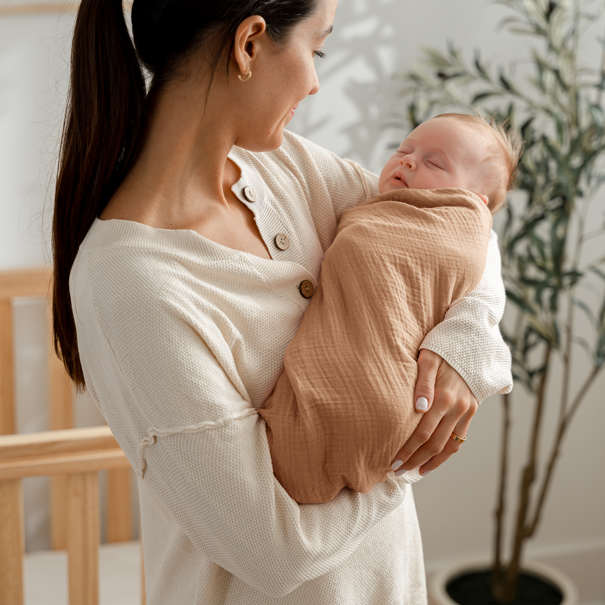 Muslin Swaddle Blankets, 42” x 42” (Sand, Cedar, Caramel,  Pack of 3)