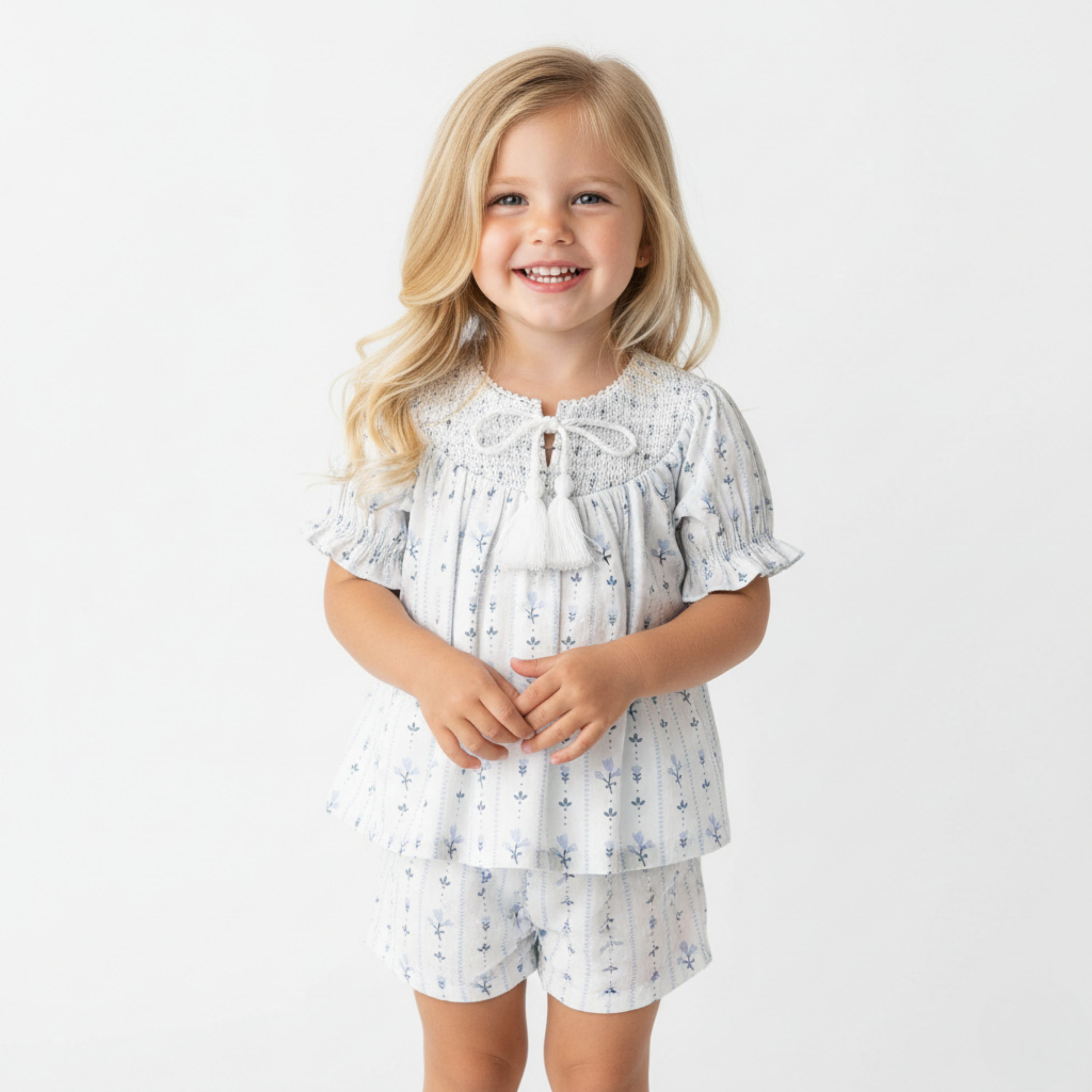 Organic Smocked Top & Shorts Set - Blue Vines