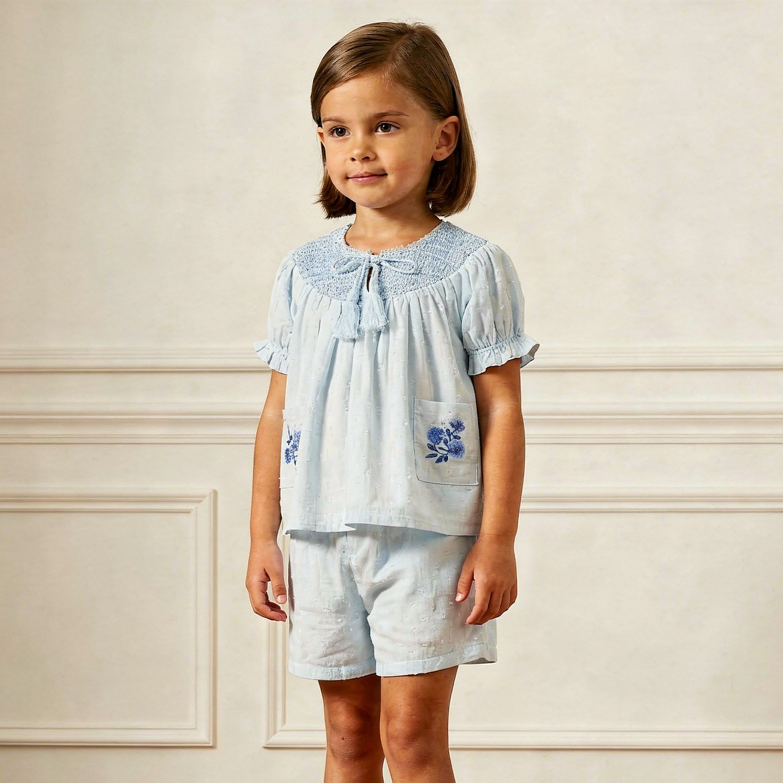 Organic Smocked Top & Shorts Set - Light Blue