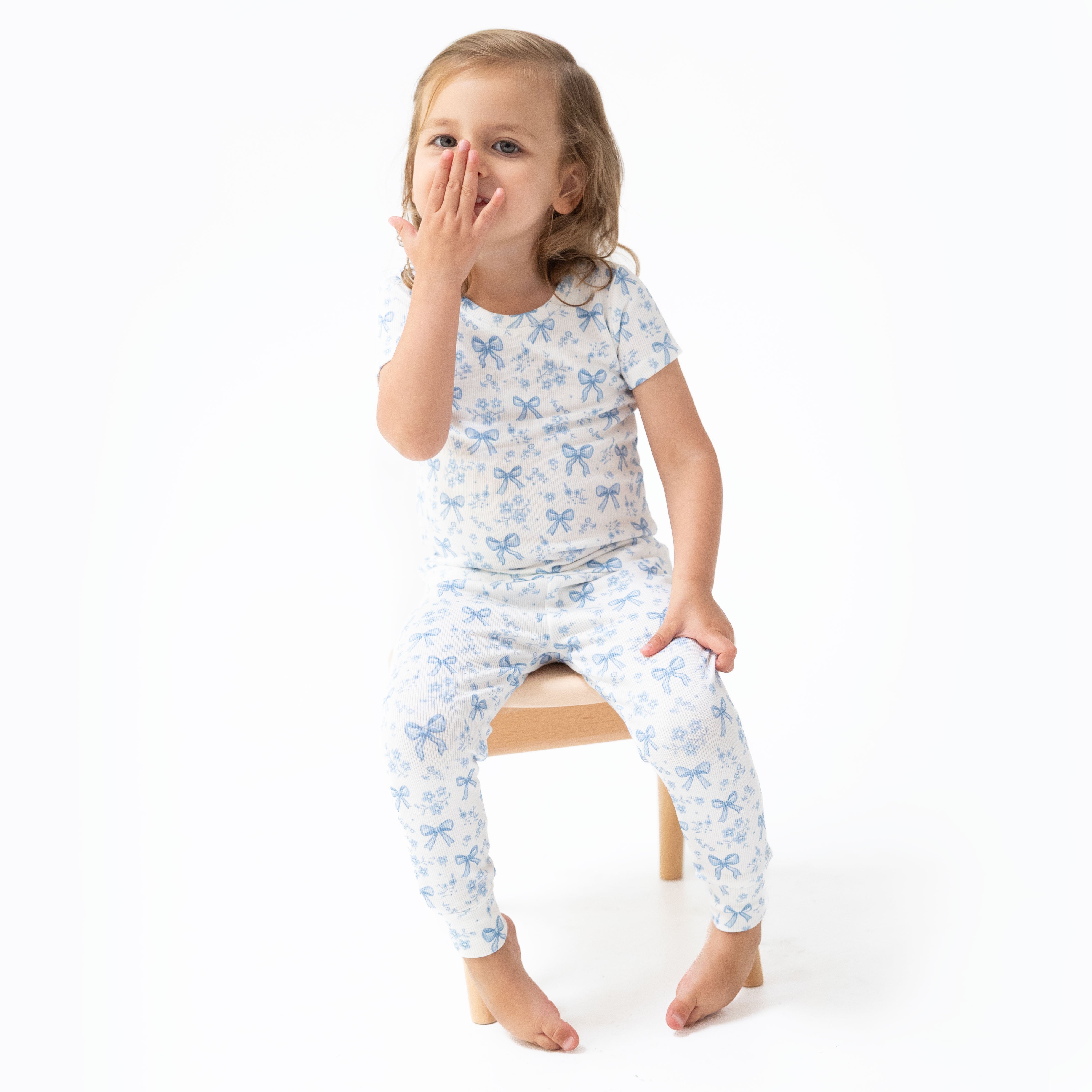 Blue Bows and Flowers - Short Sleeve Loungewear Set