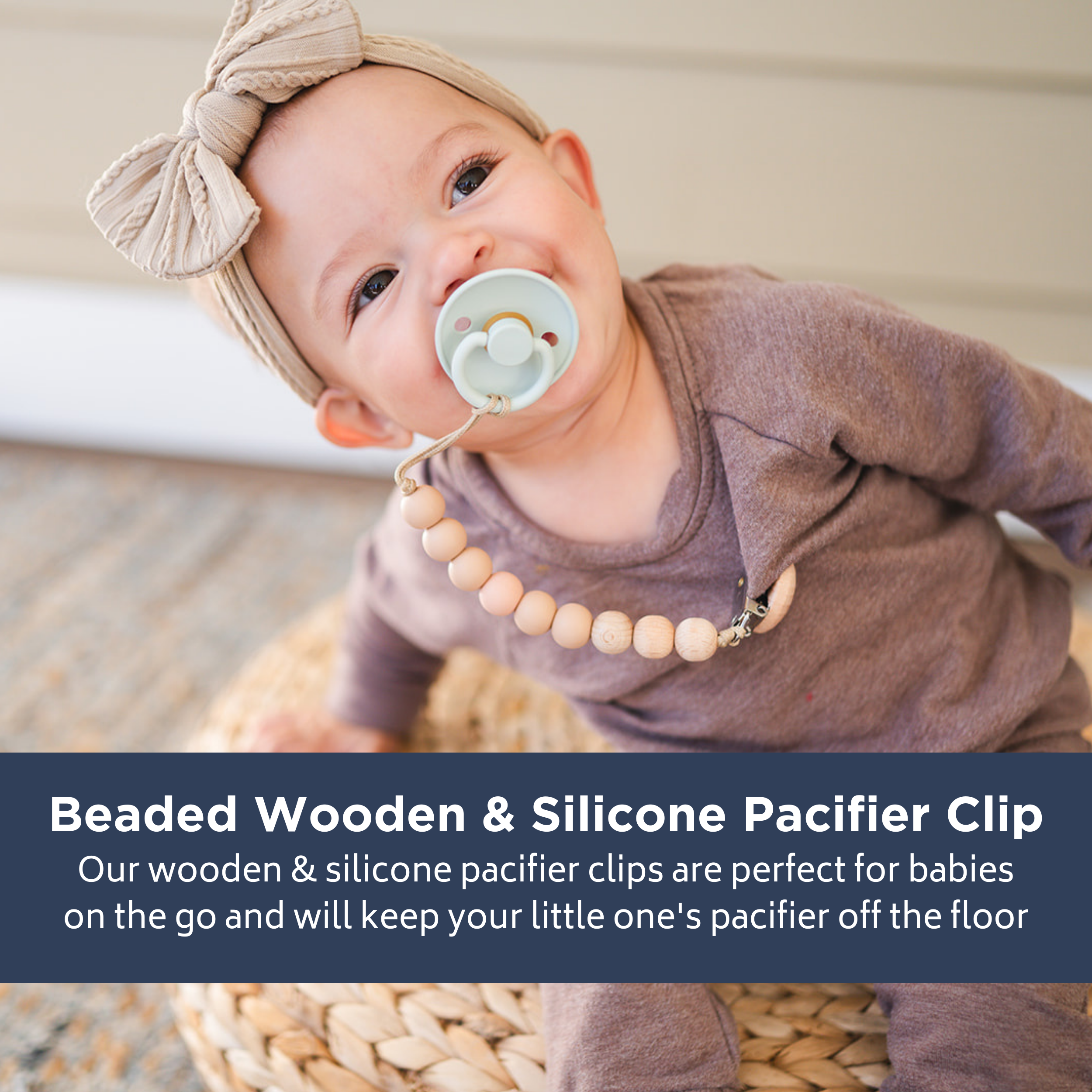 Mustard Beaded Wooden & Silicone Pacifier Clip