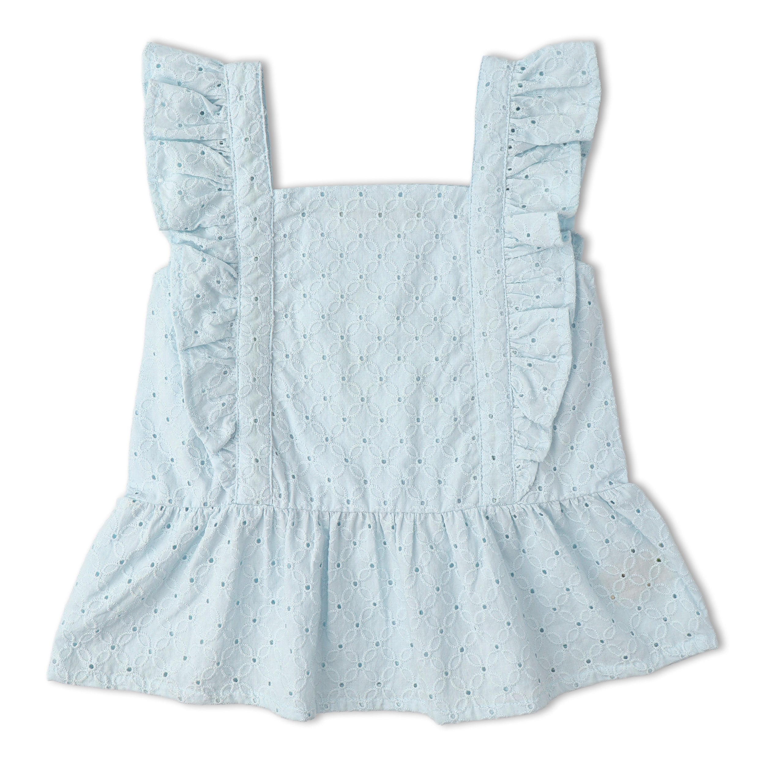 Organic Eyelet Flutter Top And Shorts Set - Light Blue Eyelet