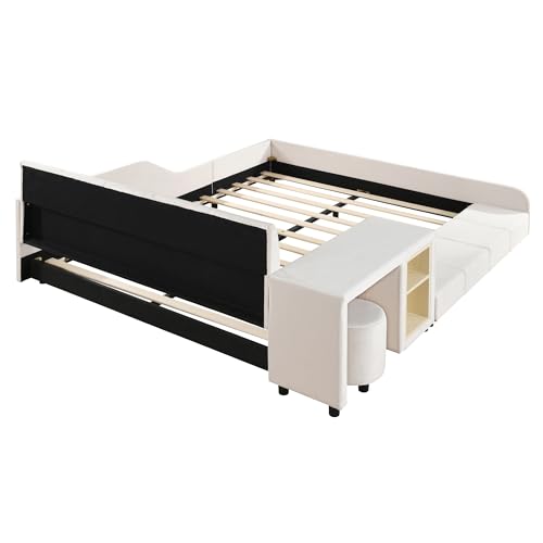 Full Size Velvet Upholstered Platform Bed with Bedside Desk