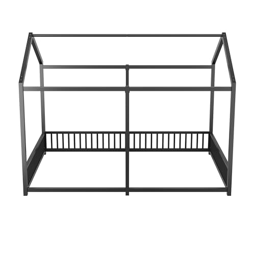 Double Twin House Floor Bed with Fence and Roof