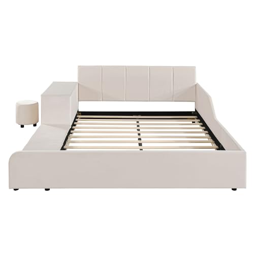 Full Size Velvet Upholstered Platform Bed with Bedside Desk
