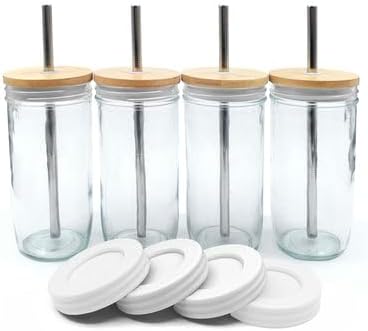 24oz Glass Mason Jar – Pack of 4 | Bamboo Straw Lids + Stainless Steel Straws