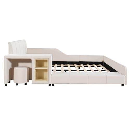 Full Size Velvet Upholstered Platform Bed with Bedside Desk