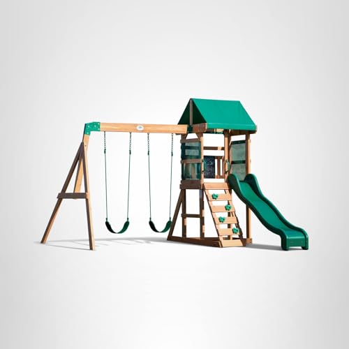 Cedar Wood Swing Set with Wave Slide and Play Deck