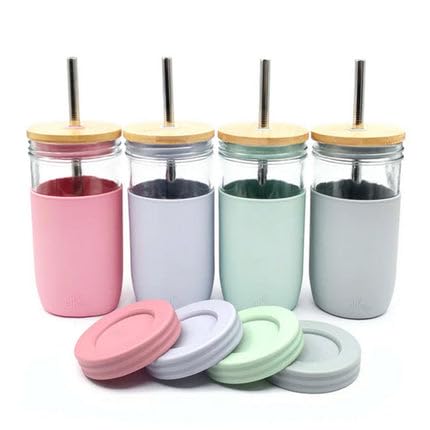 24oz Glass Mason Jar – Pack of 4 | Bamboo Straw Lids + Stainless Steel Straws