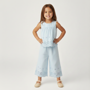 Organic Eyelet Top And Pant Set - Light Blue Eyelet
