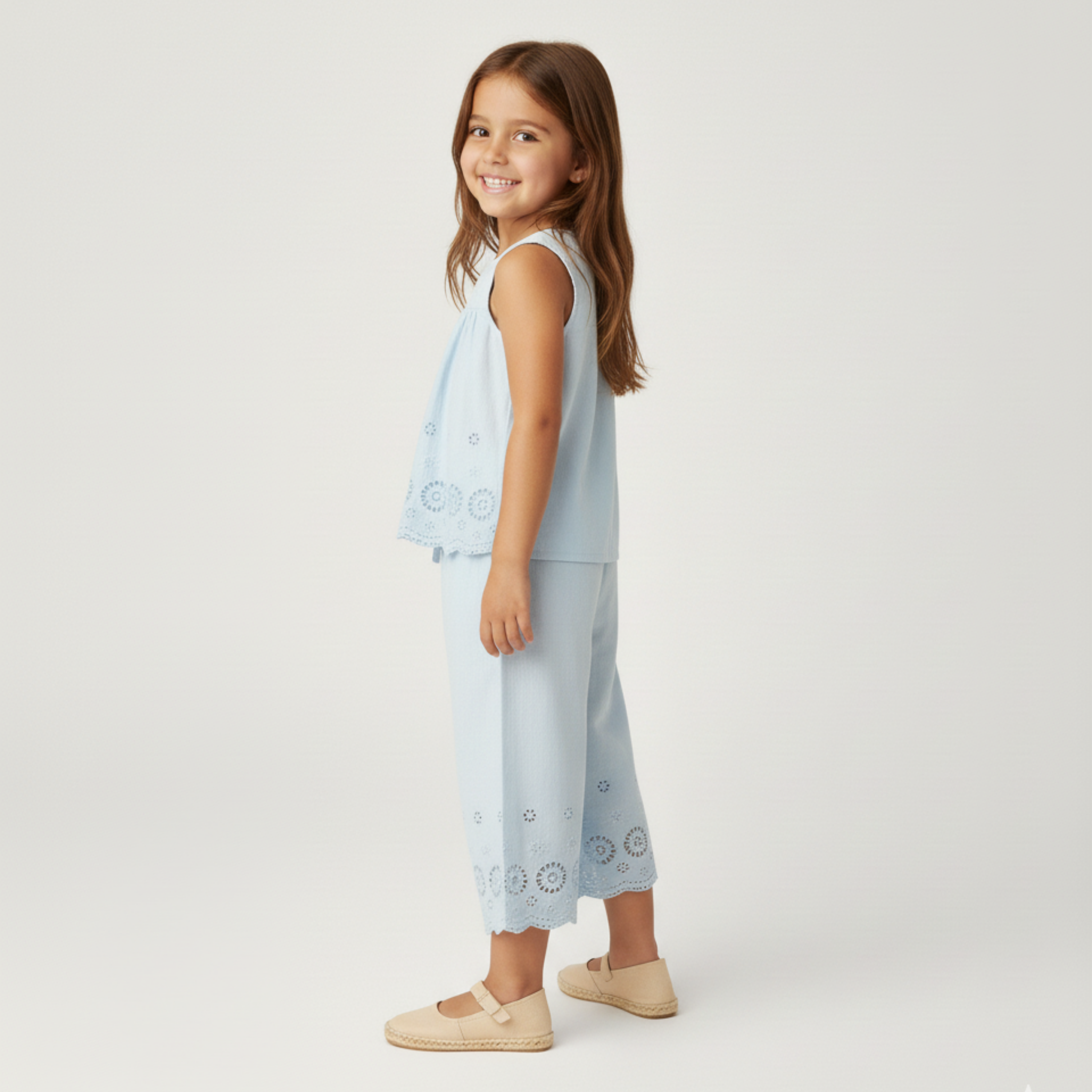 Organic Eyelet Top And Pant Set - Light Blue Eyelet