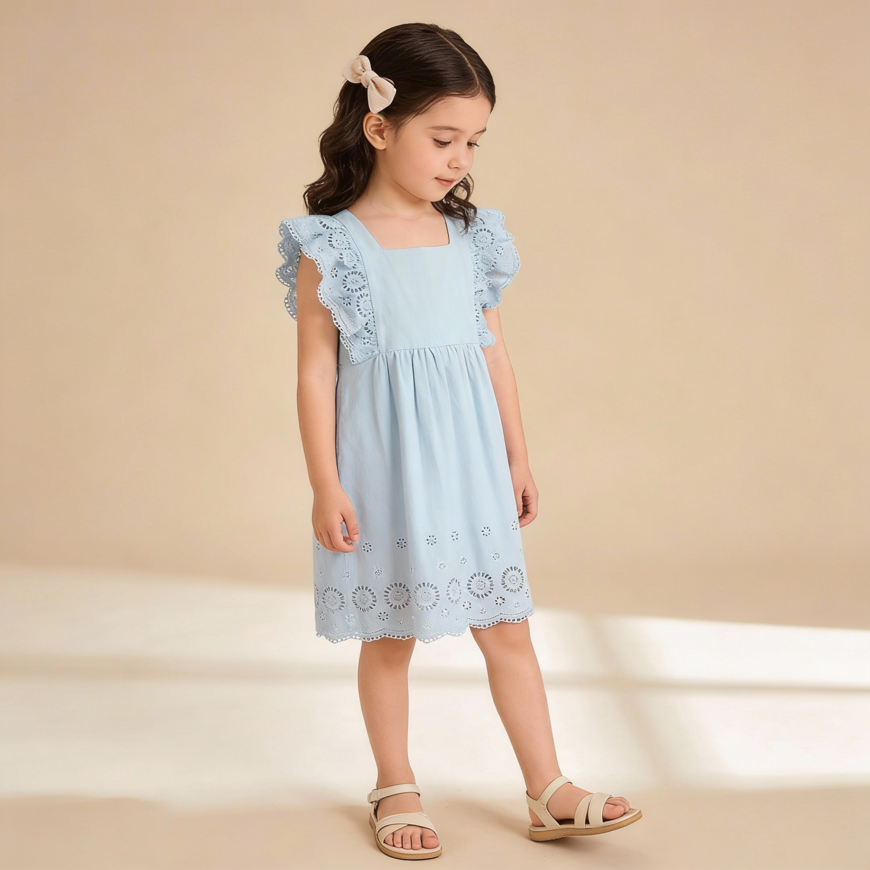 Organic Eyelet Flutter Dress - Light Blue Eyelet