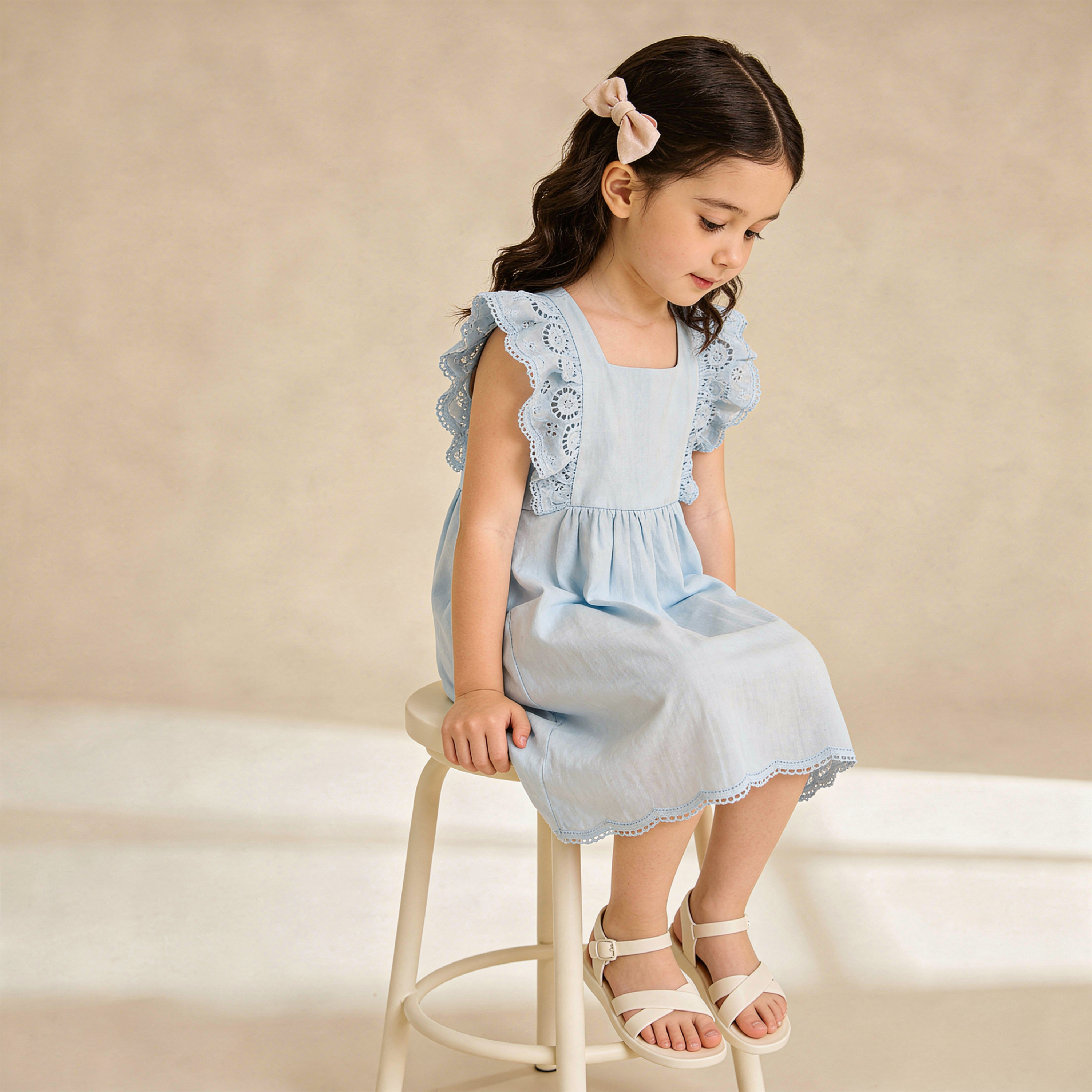 Organic Eyelet Flutter Dress - Light Blue Eyelet