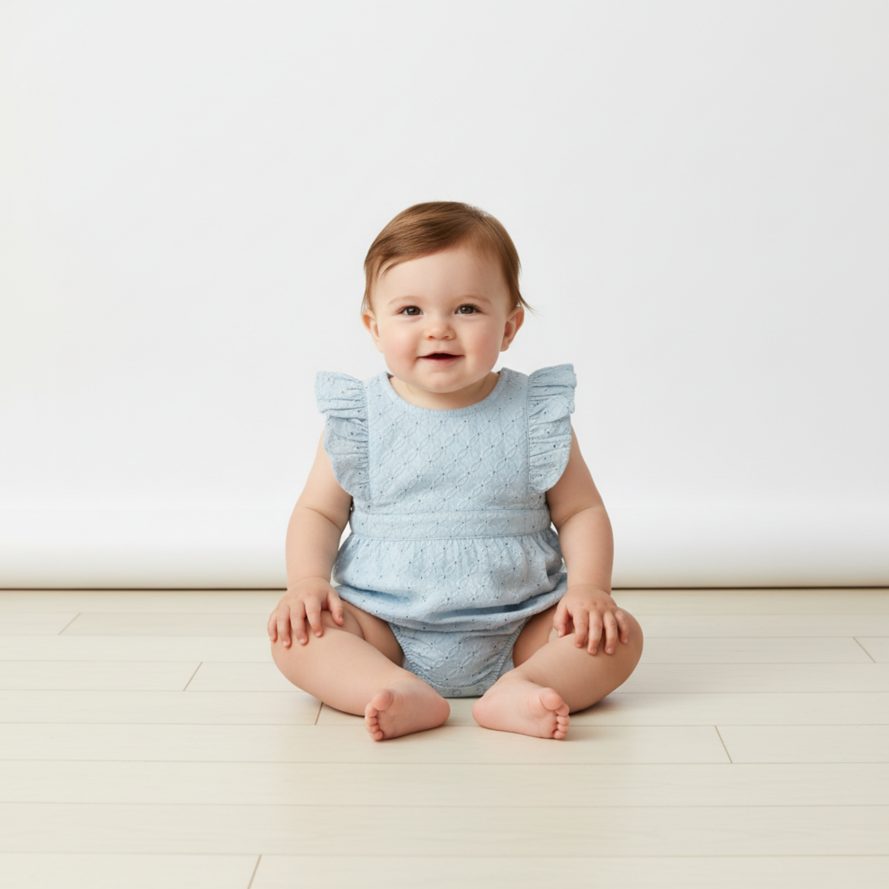 Organic Eyelet Flutter Romper - Light Blue Eyelet