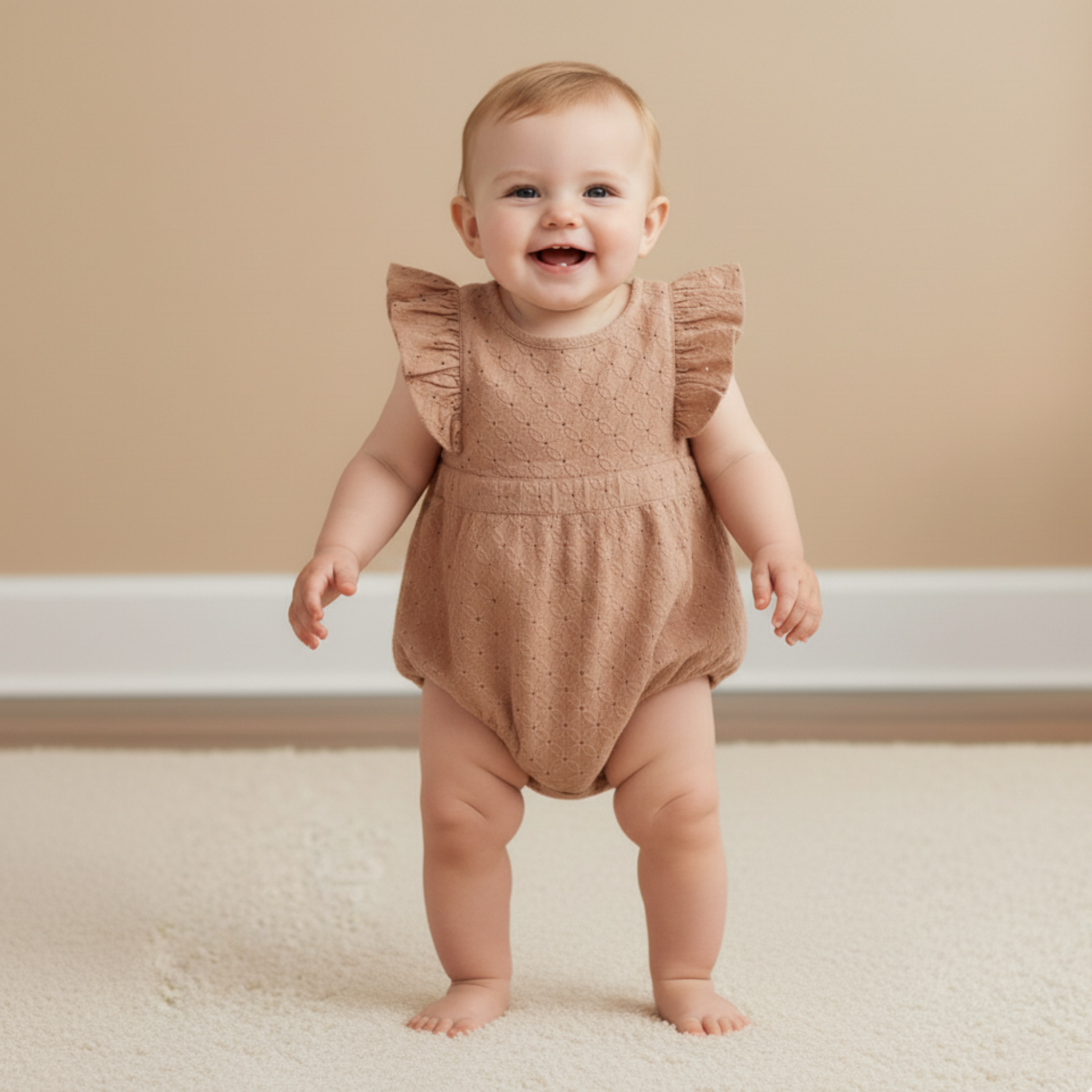 Organic Eyelet Flutter Romper - Clay Eyelet