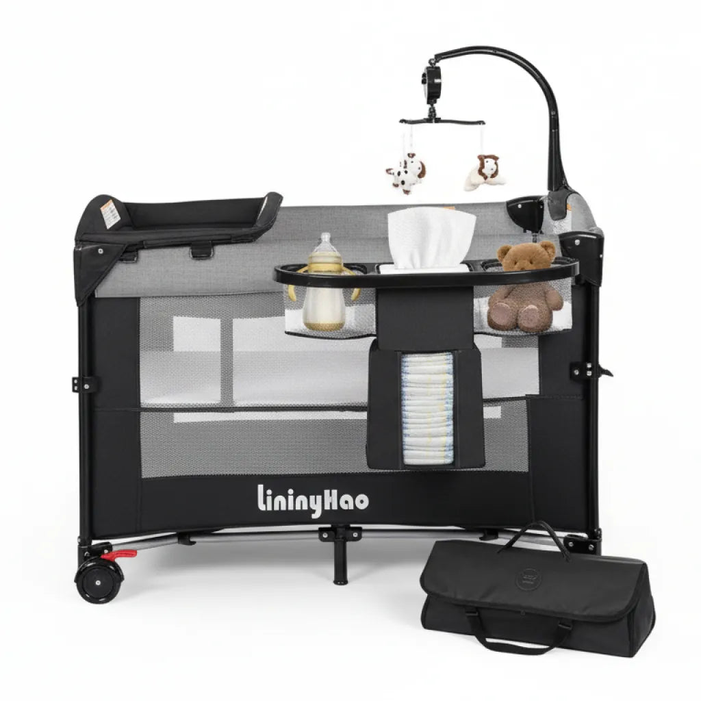 3 in 1 Height Adjustable Baby Playard, Foldable Nursery Center with Music Box Toy Rack