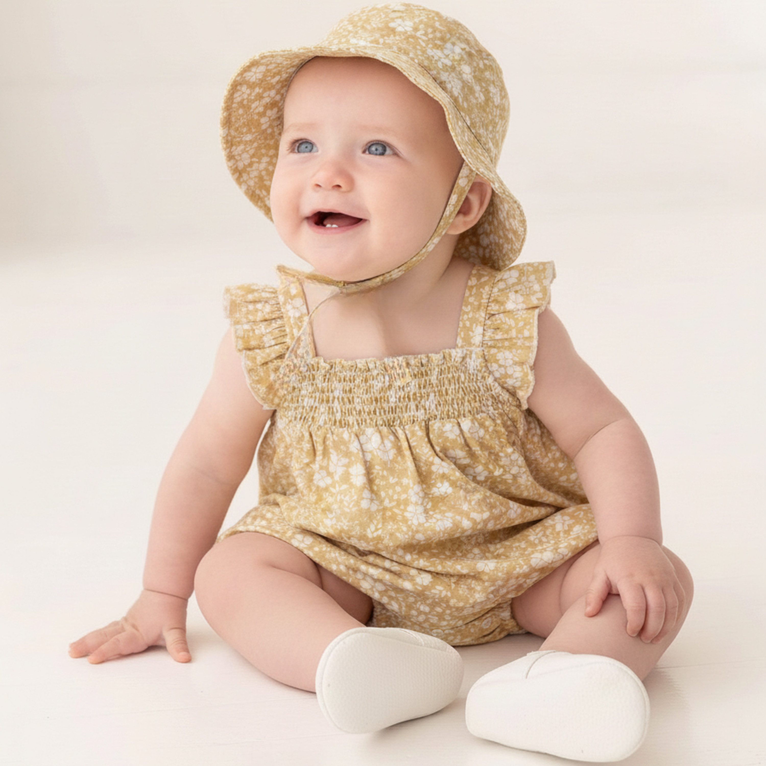 Organic Ruffle Sleeve Bubble Romper - Yellow Blossom