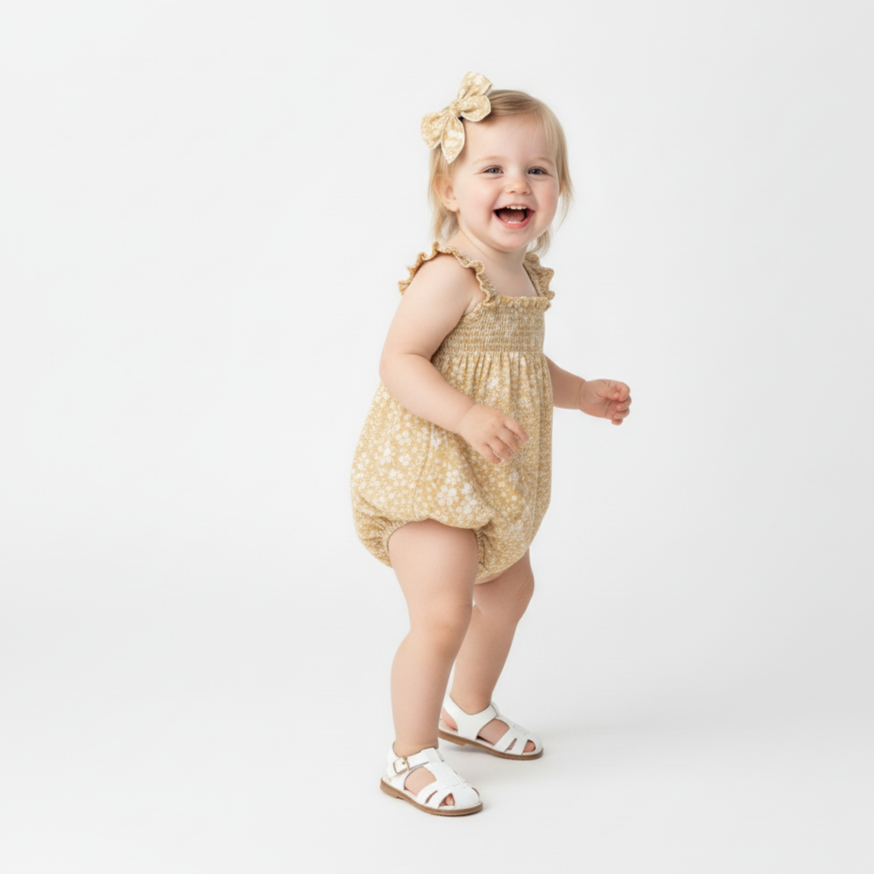 Organic Ruffle Sleeve Bubble Romper - Yellow Blossom