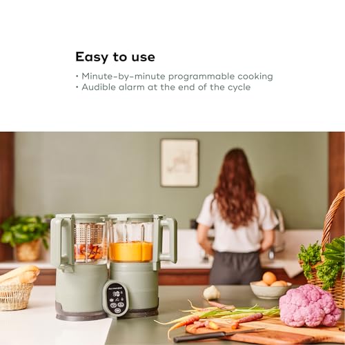 Babymoov Duo Meal Glass Baby Food Maker, Celadon Green – 4-in-1 Steamer, Blender, Defroster, and Heater with Programmable Timer, Large Capacity, Glass Bowls, Dishwasher Safe
