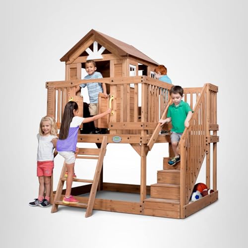 Elevated Cedar Wooden Playhouse with Kitchen and Deck