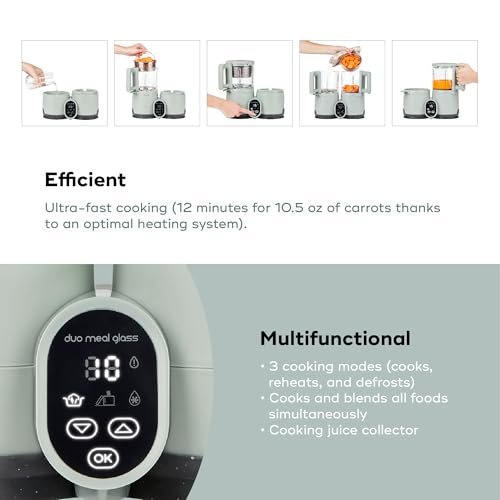Babymoov Duo Meal Glass Baby Food Maker, Celadon Green – 4-in-1 Steamer, Blender, Defroster, and Heater with Programmable Timer, Large Capacity, Glass Bowls, Dishwasher Safe