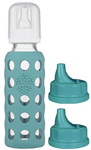 Glass Baby Bottle BPA Free 9 oz + Sippy Cap Set | Protective Silicone Sleeve | Kale
