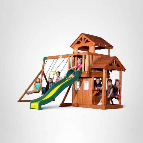 Cedar Wood Swing Set with Clubhouse and Wave Slide