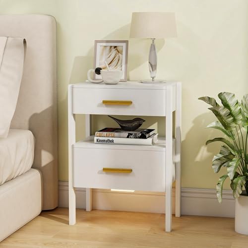 White Nightstand with 2 Drawers and Open Shelf