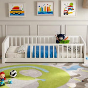 Twin Montessori Floor Bed with Book Storage and Safety Guardrails