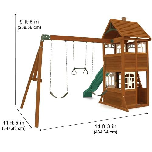 Wooden Outdoor Swing Set with Slide Rock Wall Clubhouse